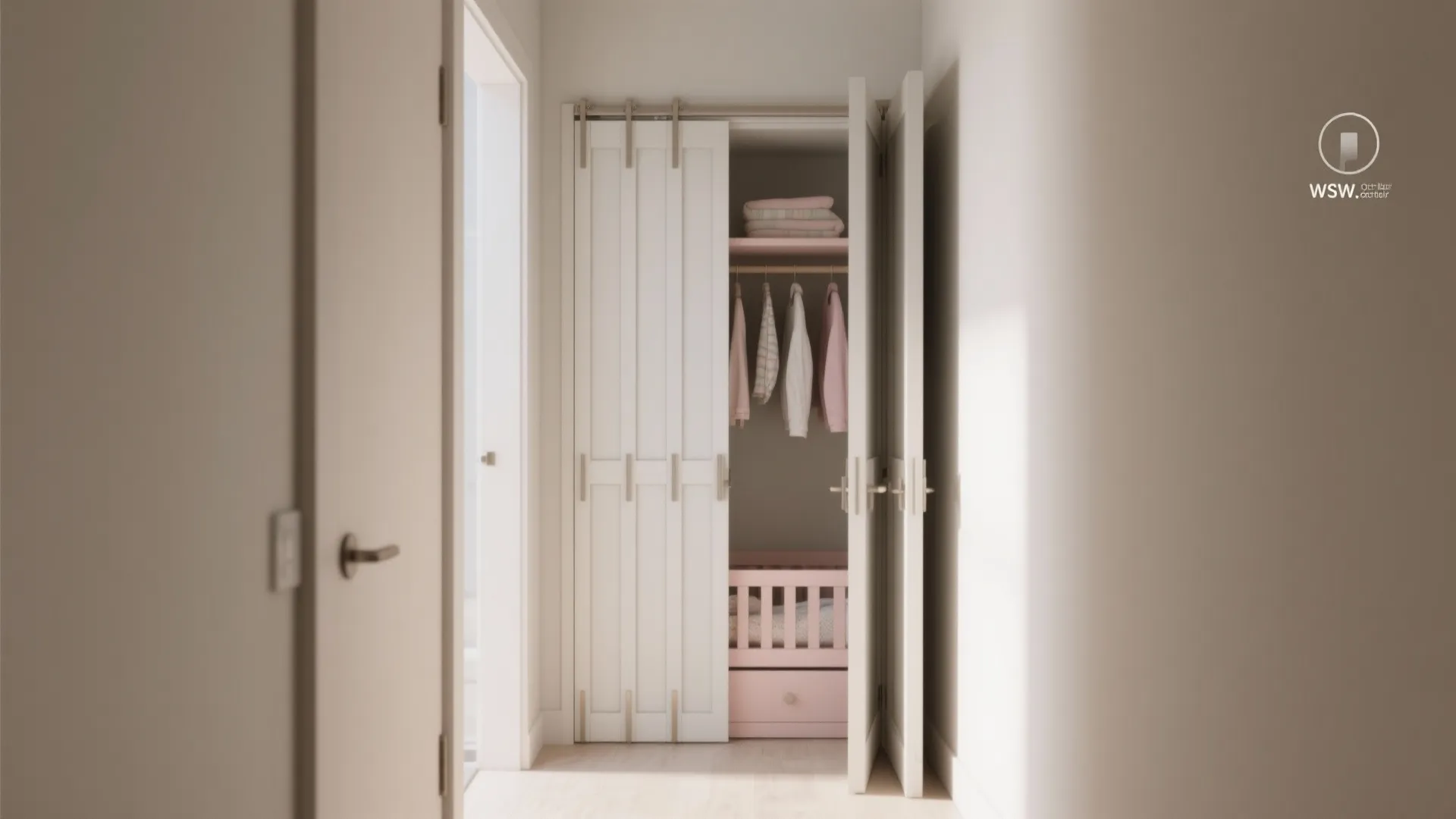 White folding doors opening to a small closet with pink clothes and a wood shelf