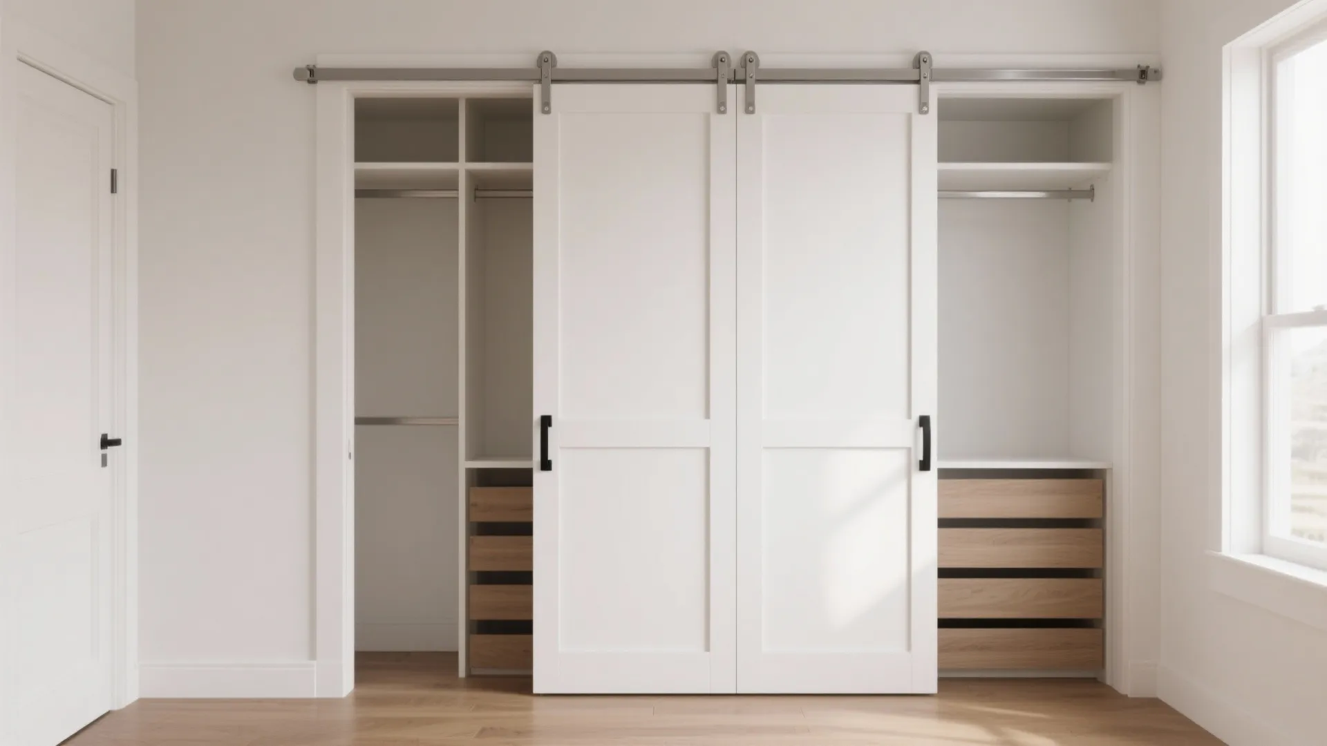 Modern white sliding barn doors for a built-in closet with wooden drawers and storage shelves