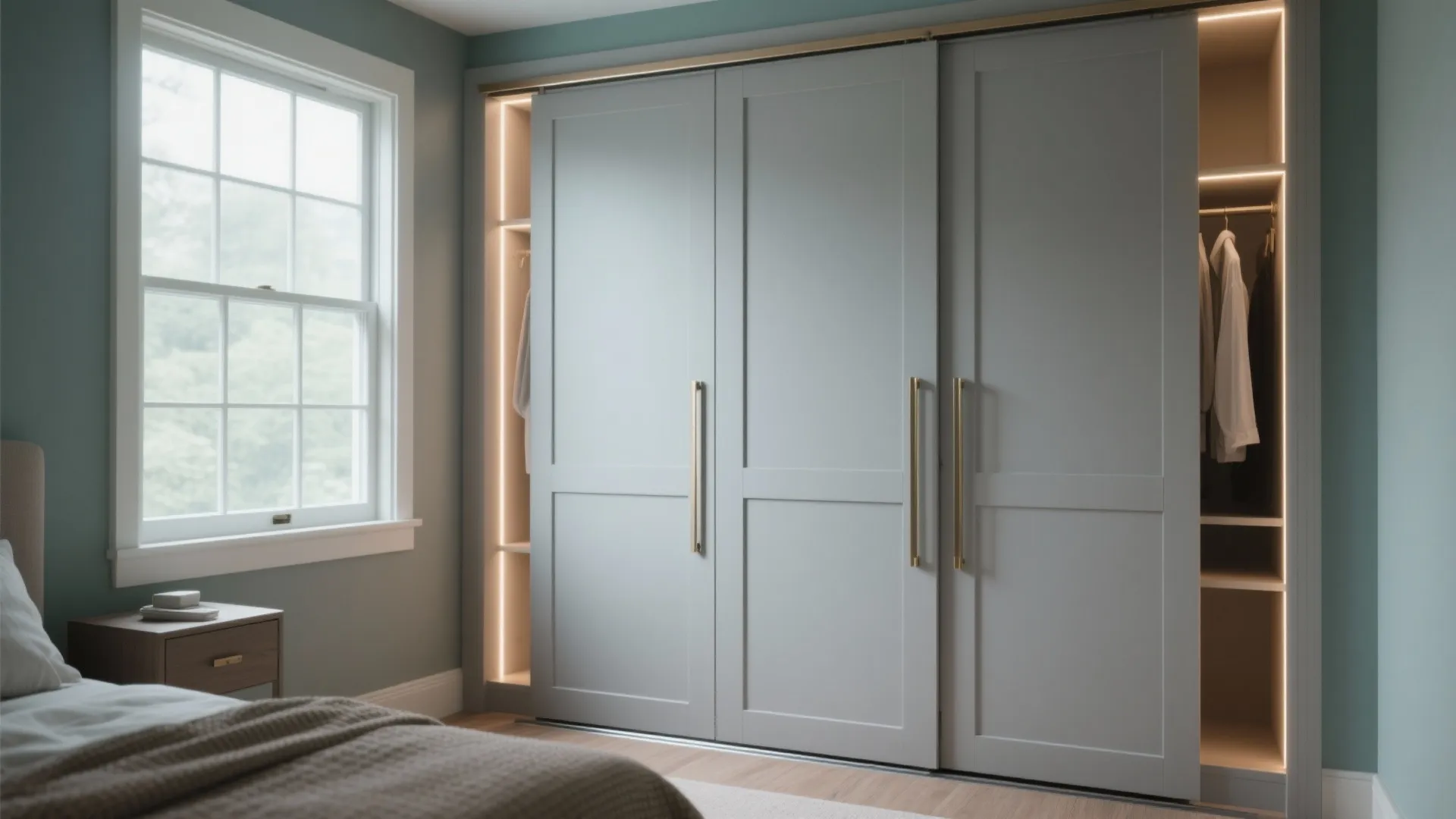 Modern grey built-in bedroom closet with sliding doors, gold handles, warm lighting, and white windows