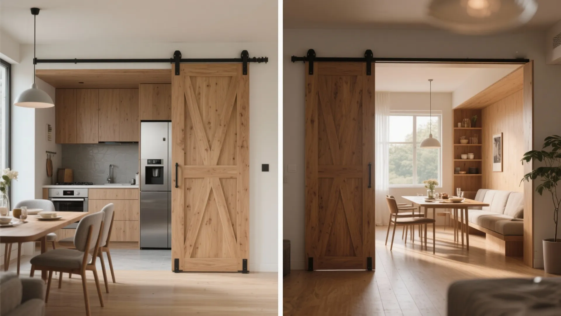 Before and after view of a bifold swing combo between kitchenette and dining nook, folded open and closed.