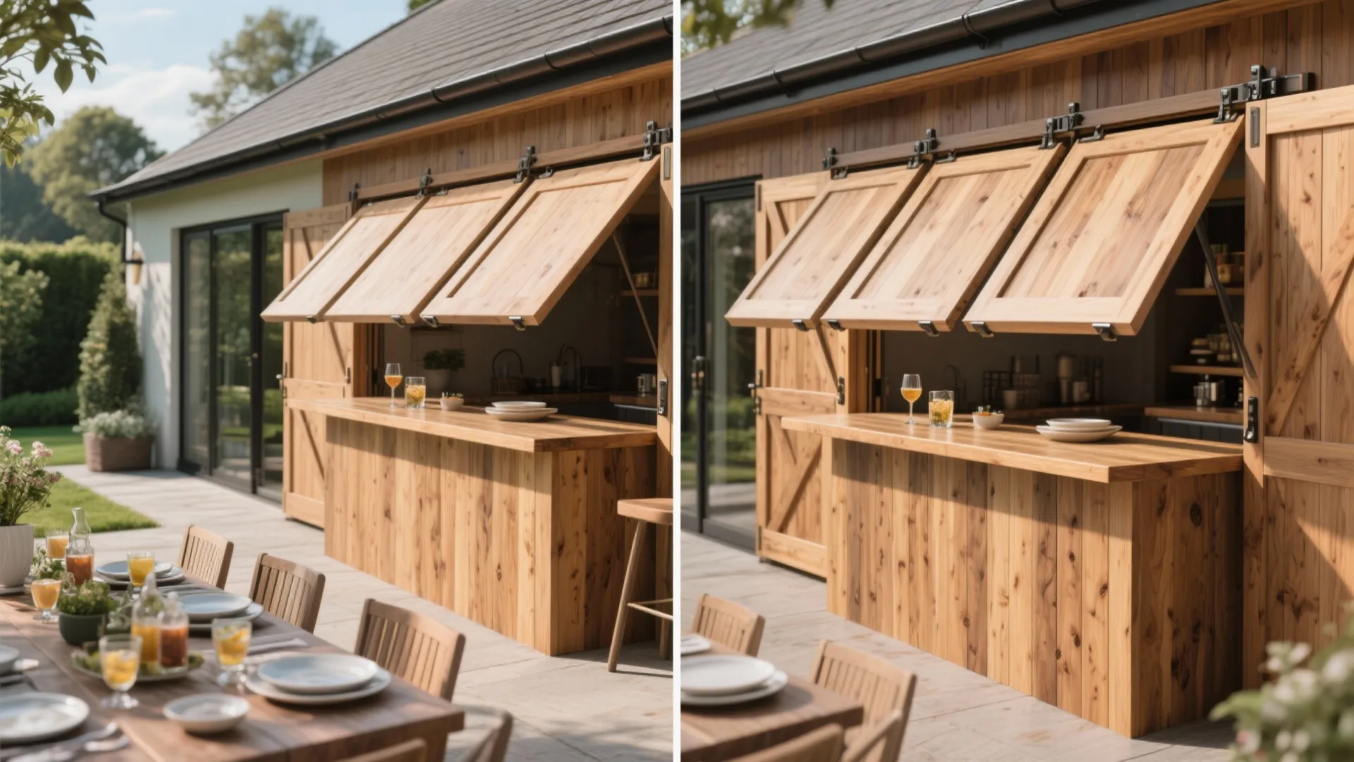 Bi-fold timber doors folded down to form a serving counter for an outdoor bar and garden dining.
