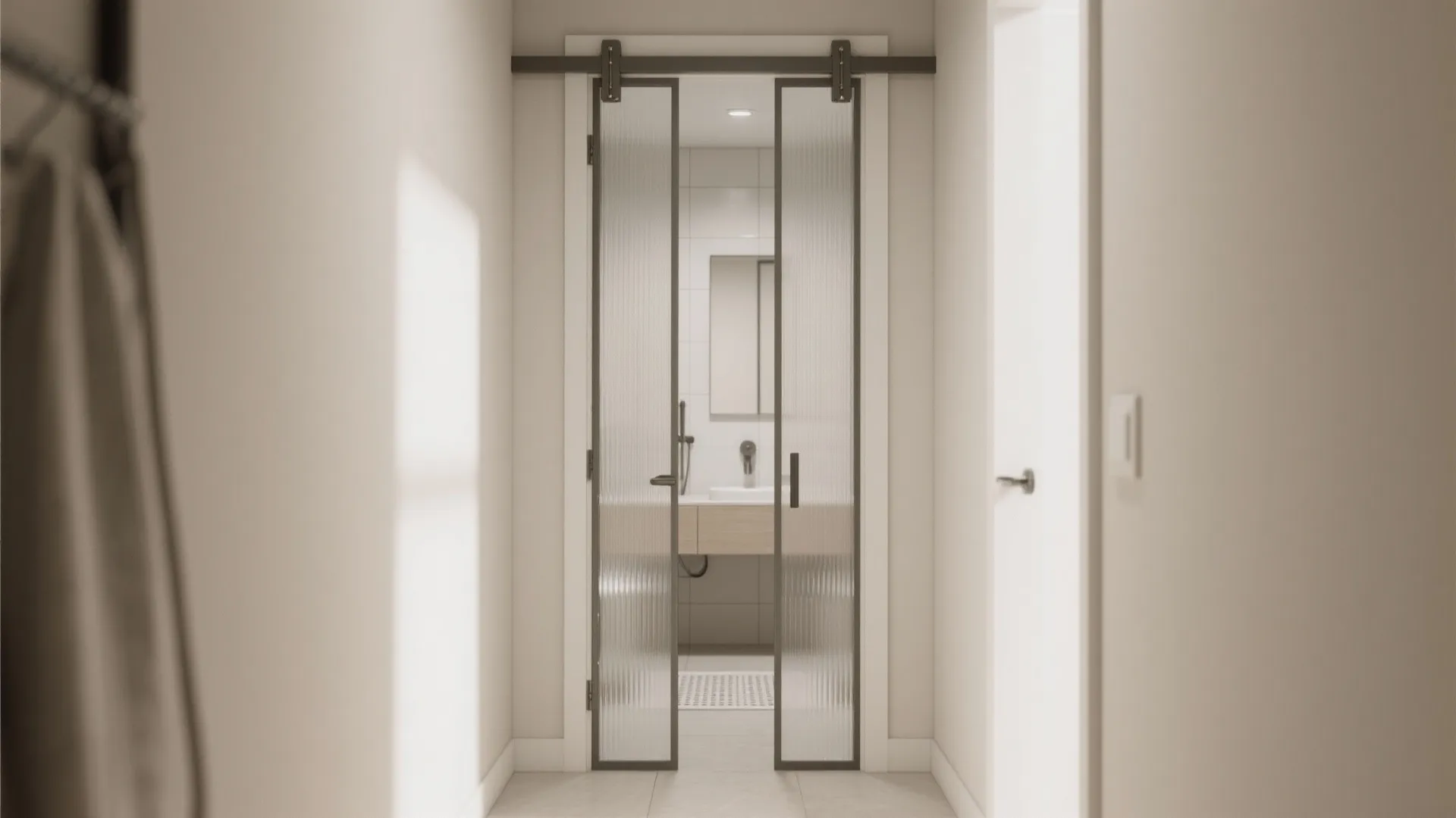 Modern hallway with glass sliding doors leading to a bright bathroom with wood vanity cabinet