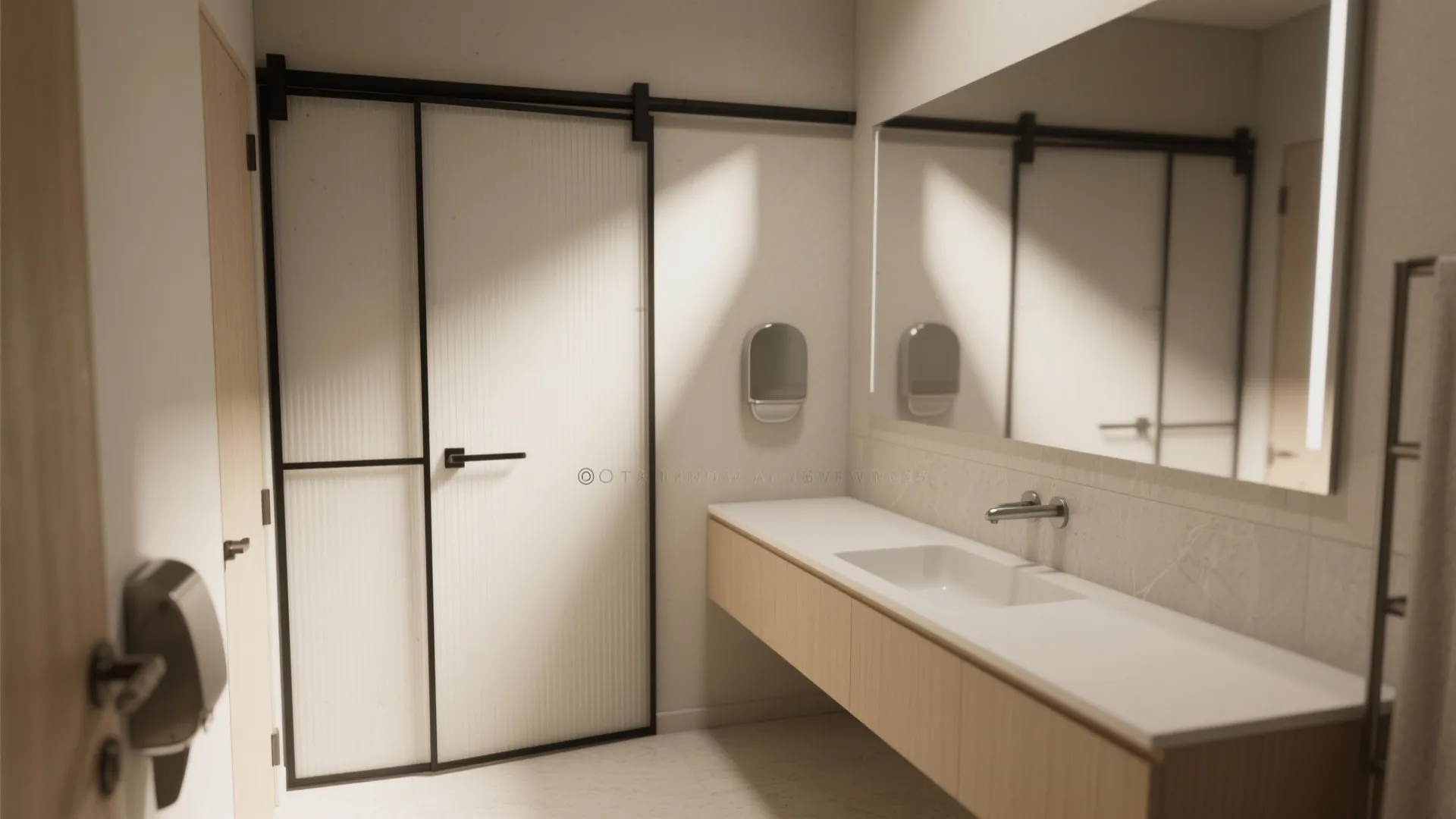 Modern bathroom interior design with large mirror white sink wooden cabinet and black sliding door