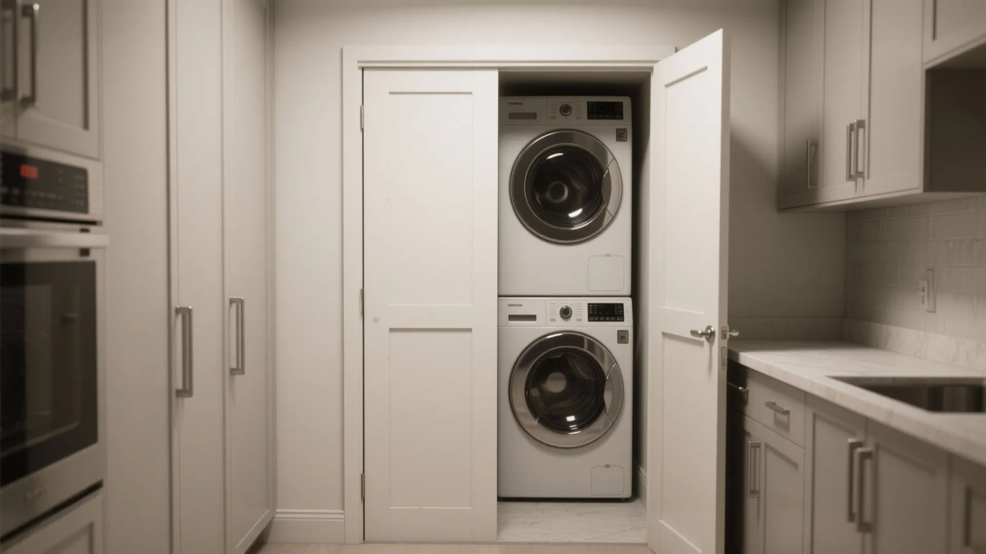 Stacked washing machine and dryer inside a small laundry closet with white folding doors open