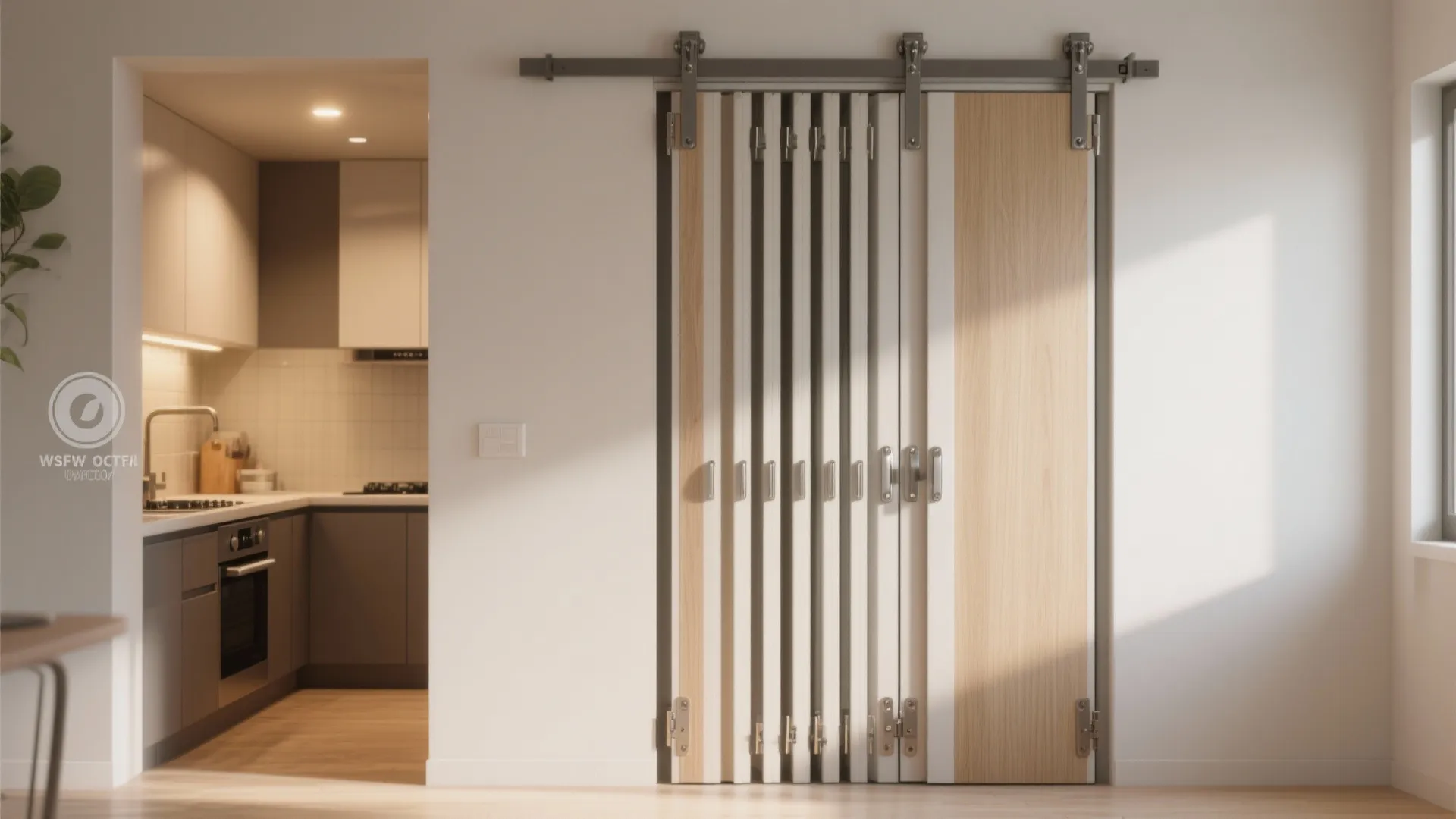 White and wood folding door next to a kitchen with grey cabinets and white walls