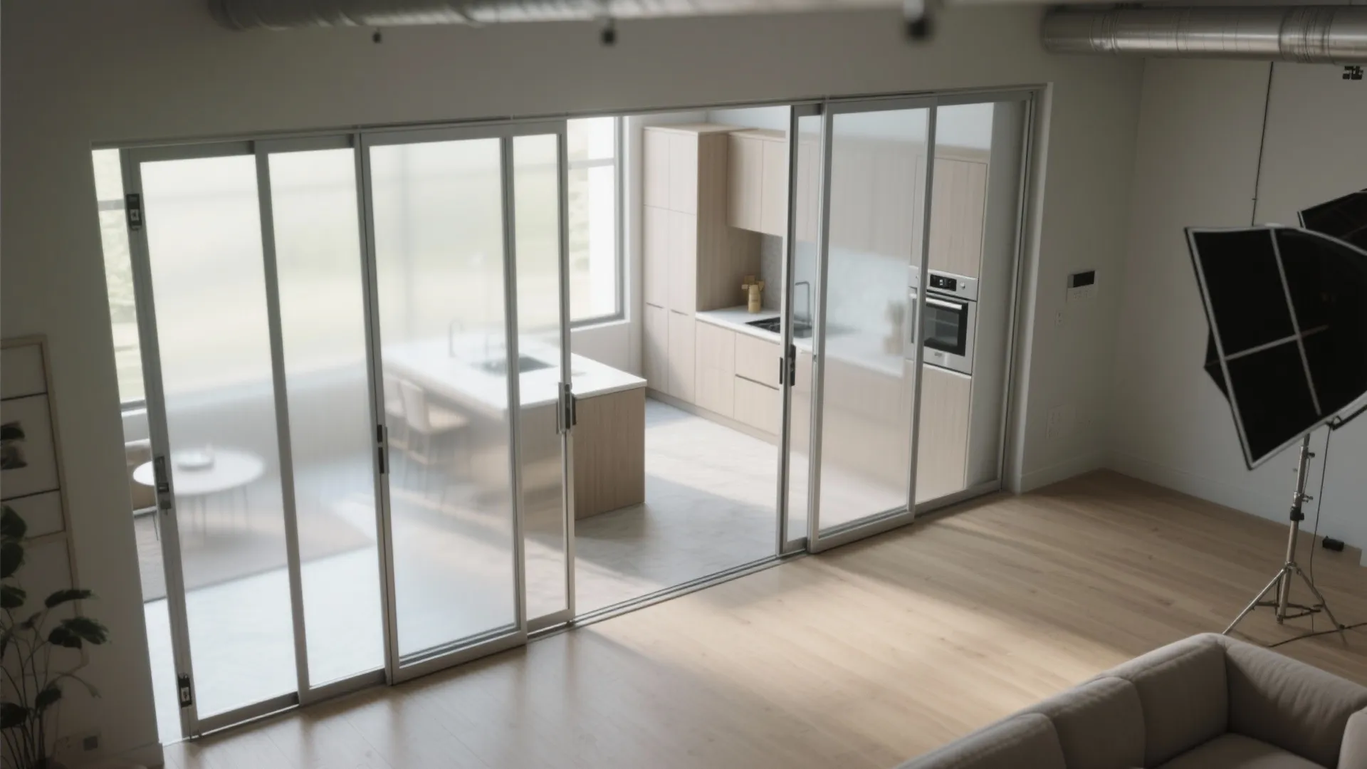 Open-plan studio with bi-fold doors folded to one side to create a wide, flexible opening between kitchen and living space.