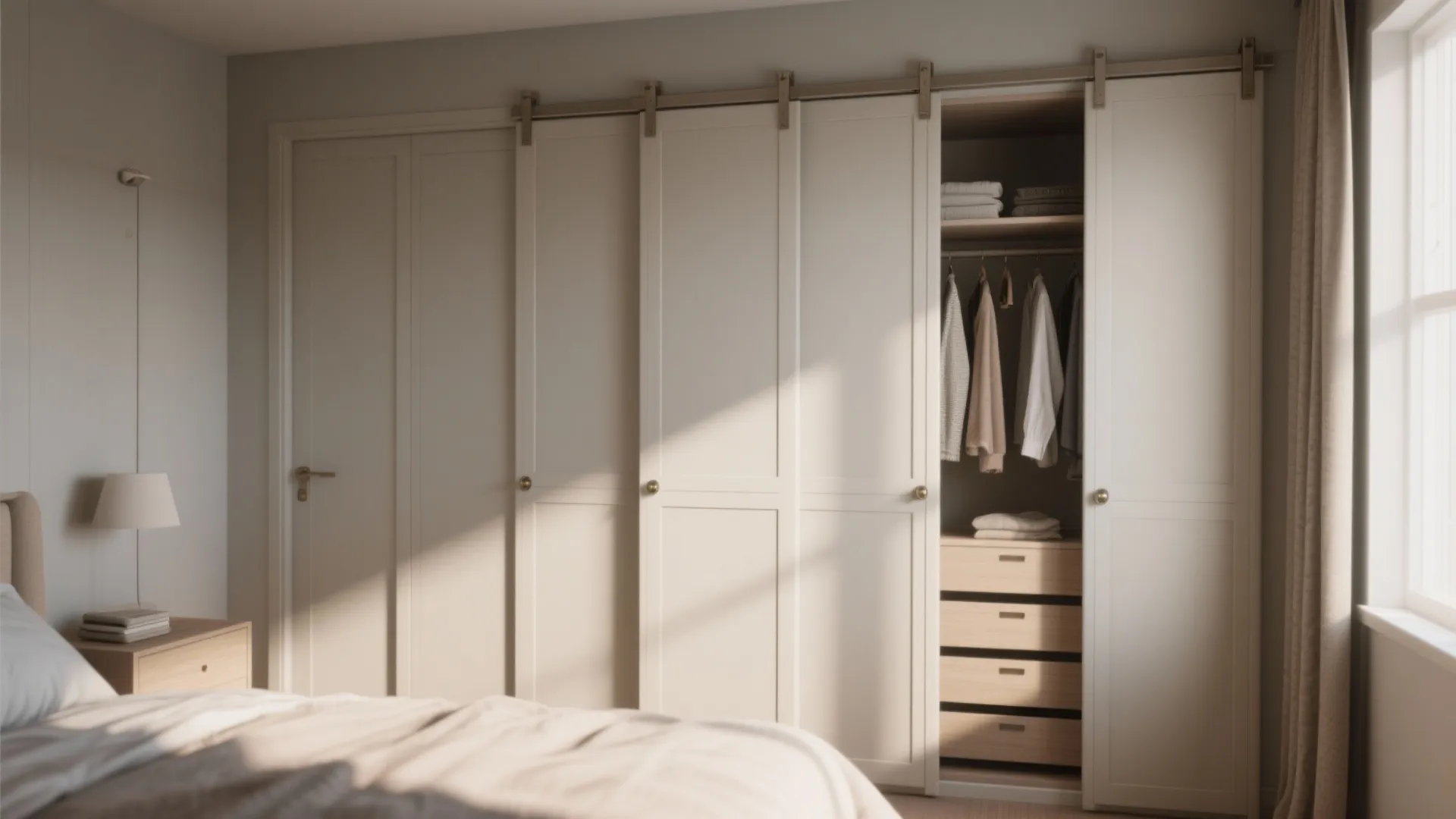 Large white sliding wardrobe doors in a bedroom with wooden drawers and hanging clothes inside