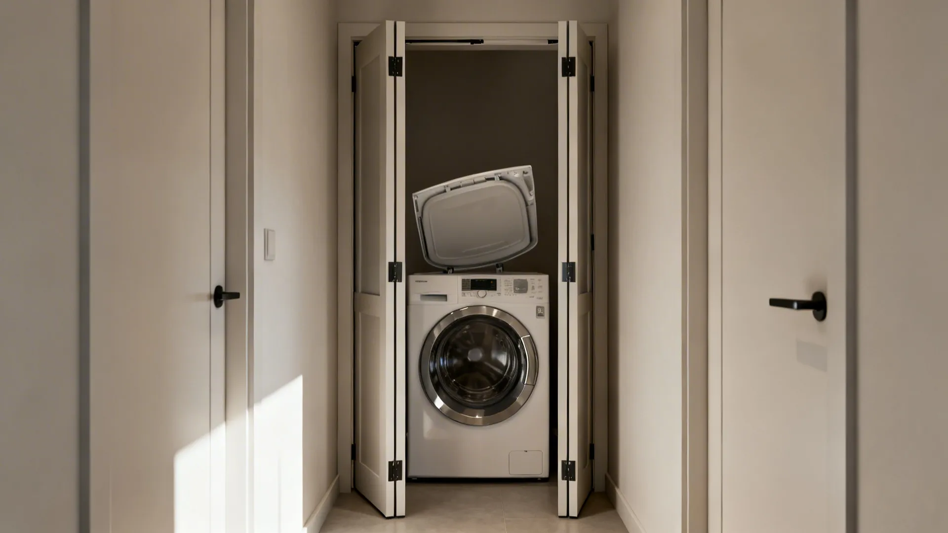 Bi-fold doors open to a compact laundry alcove with a top-load washer, showing improved clearance.