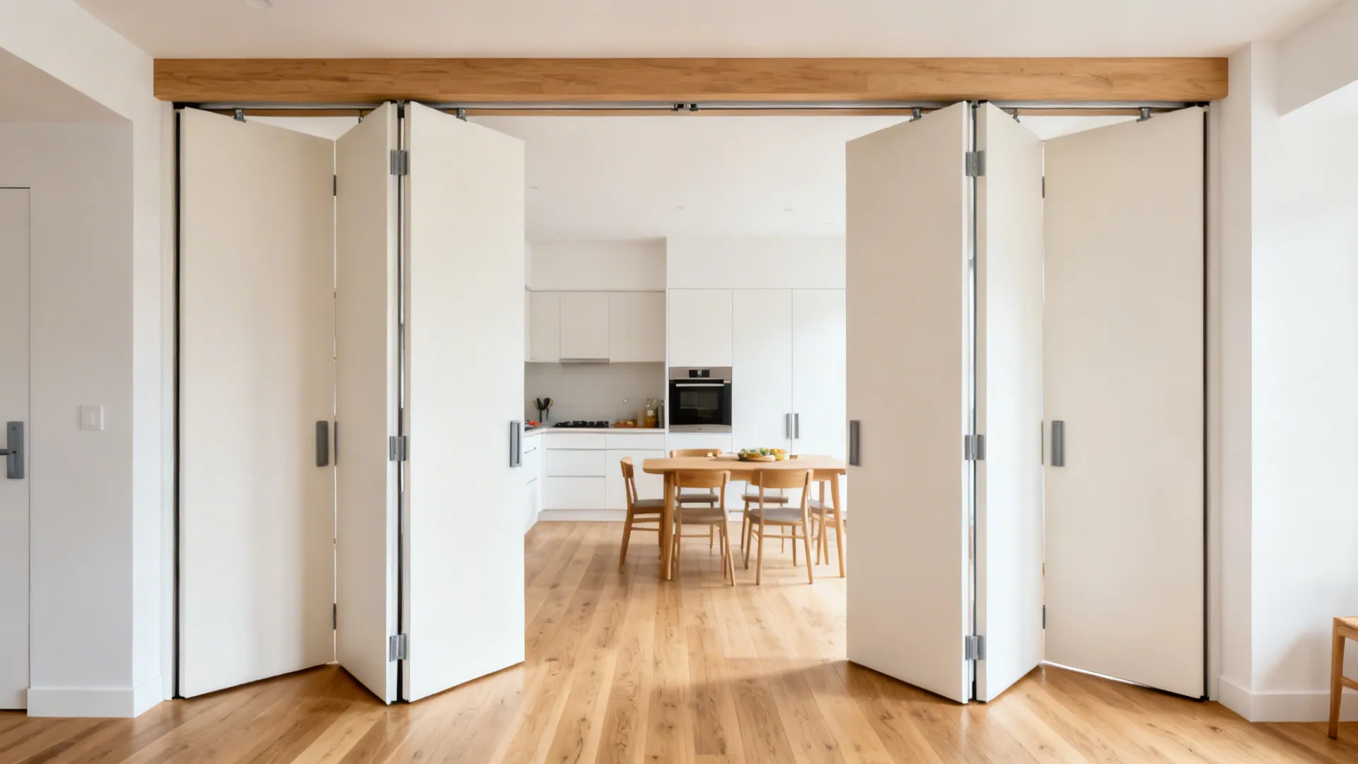 Bi-fold doors half-open between a small kitchen and dining room with continuous wood flooring.