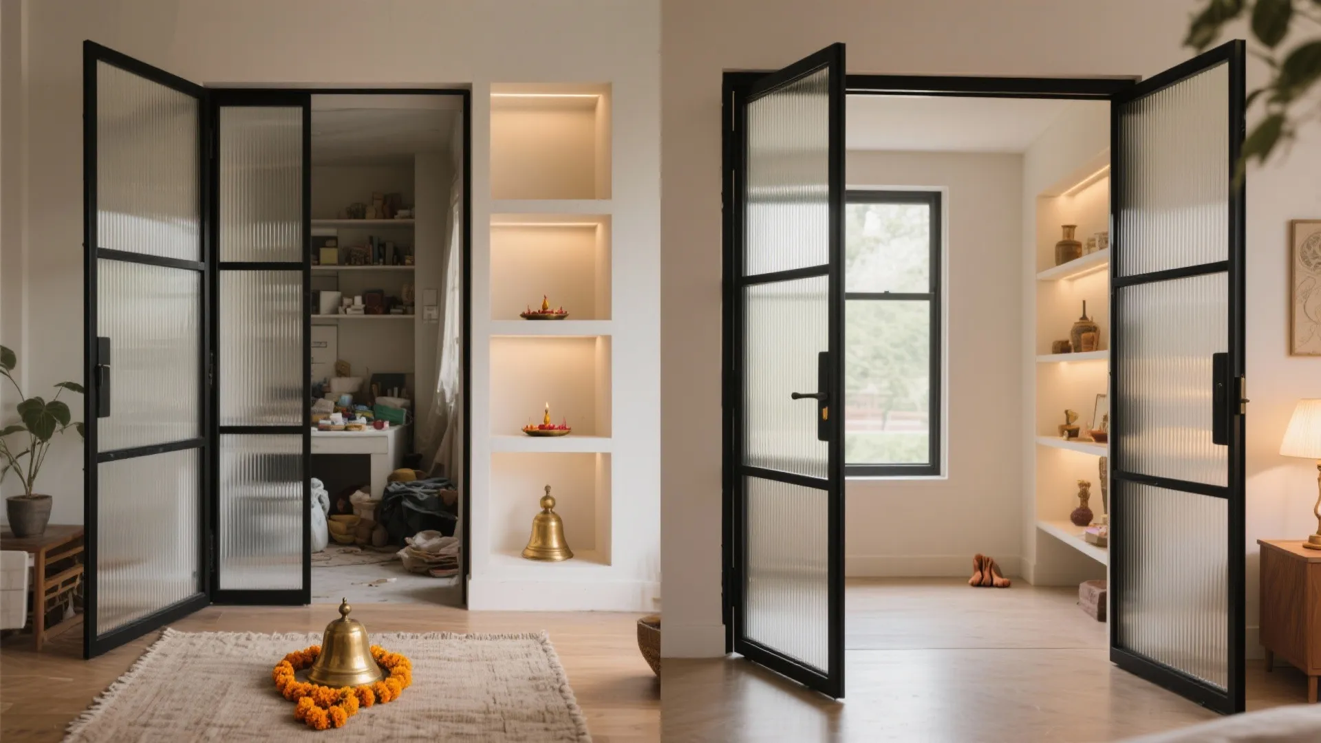 Studio niche before and after showing bi-fold fluted glass pooja door with a matte black frame.