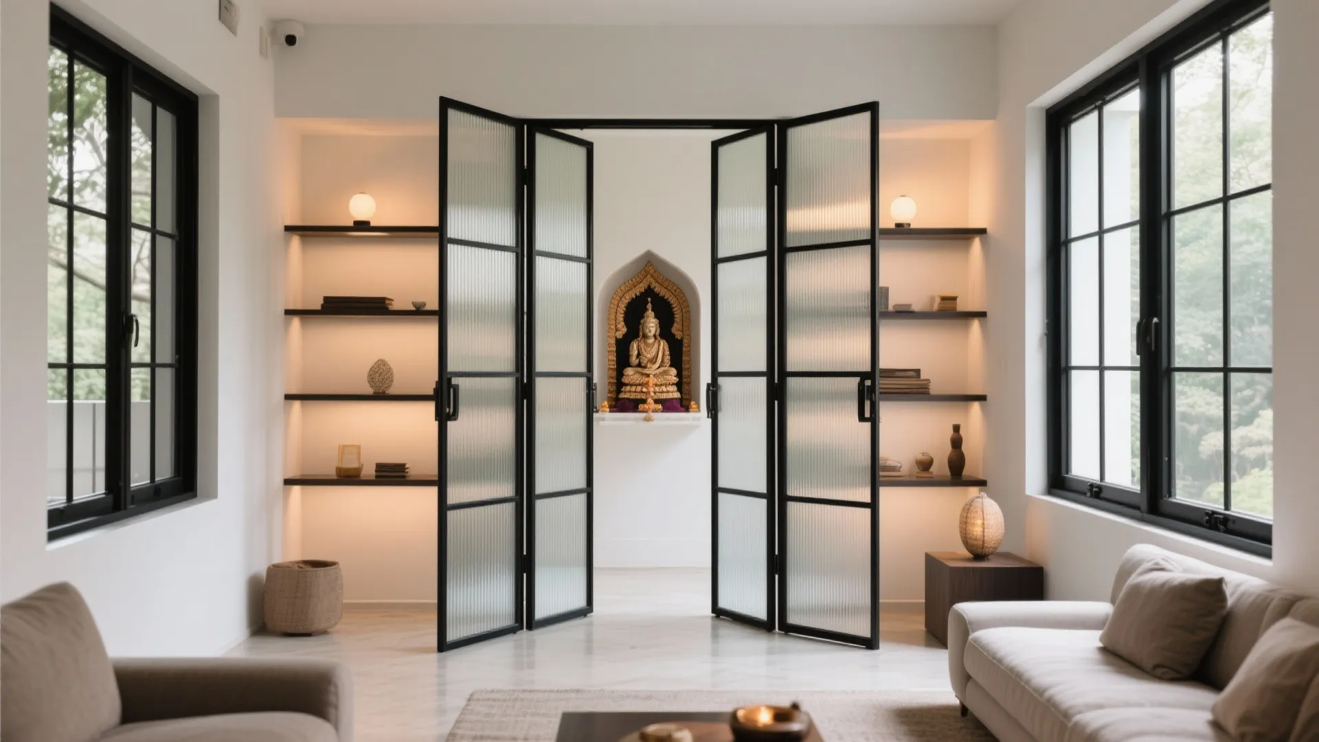 Bi-fold Fluted Glass with Matte Black Frame