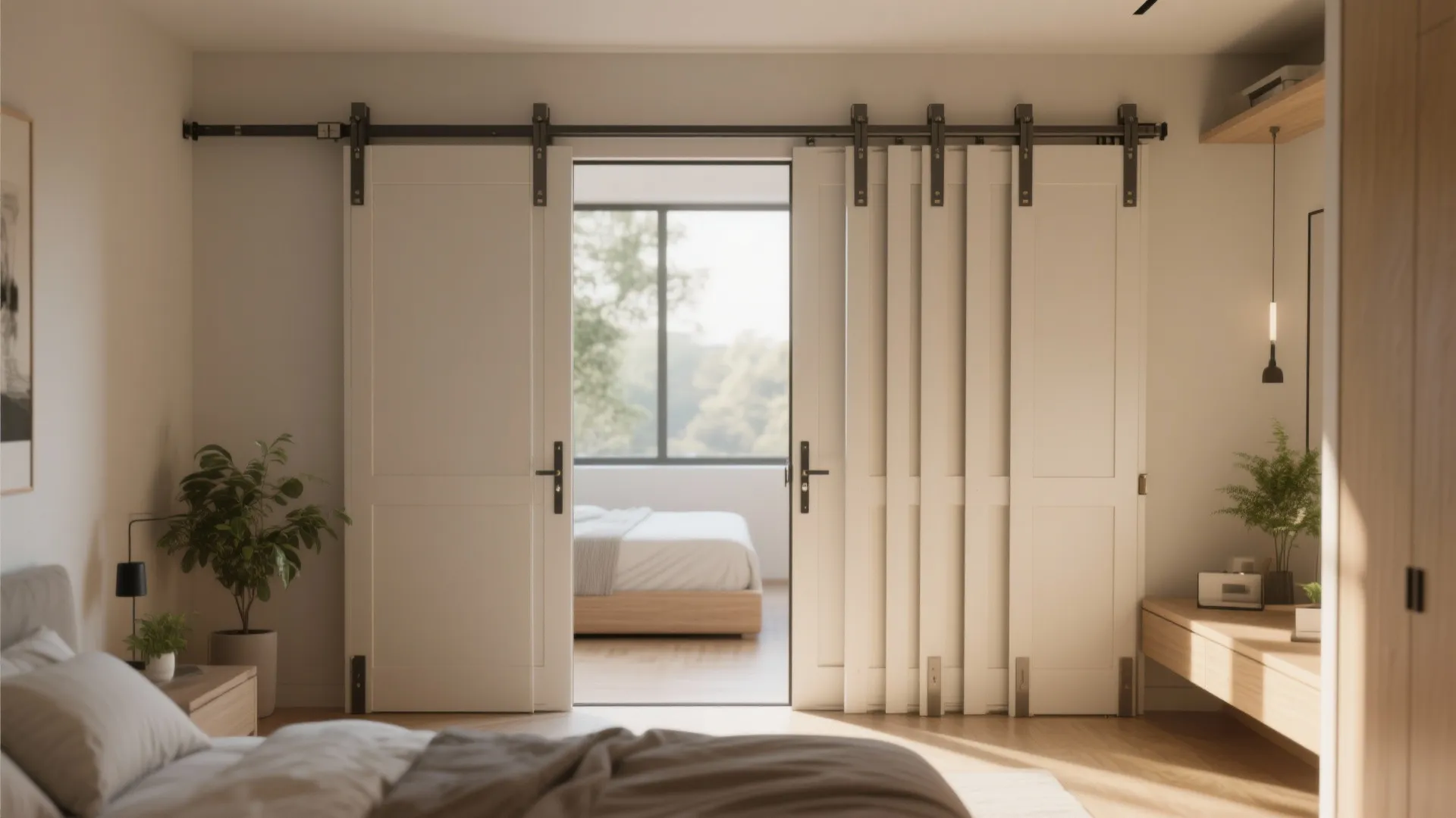Compact bedroom with bi-fold French doors folded neatly to one side to maximize the opening