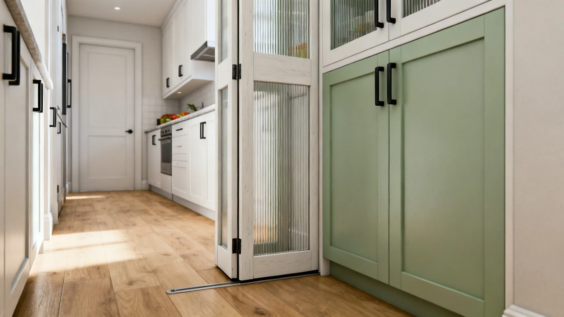 Two-panel bi-fold kitchen gate with narrow stiles and reed glass stacked to one side.