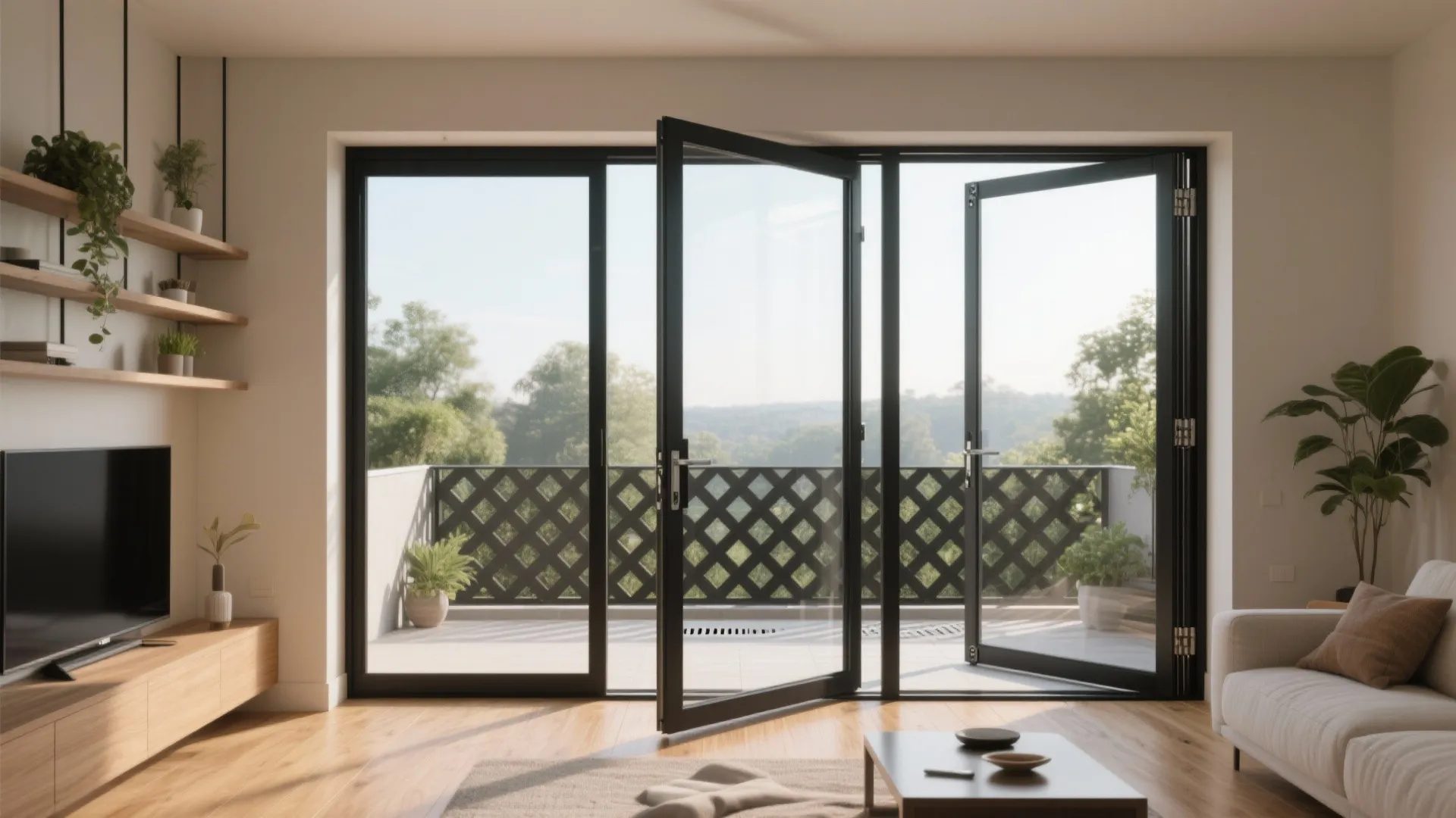 Modern living room featuring black folding glass doors opening to a balcony with green view