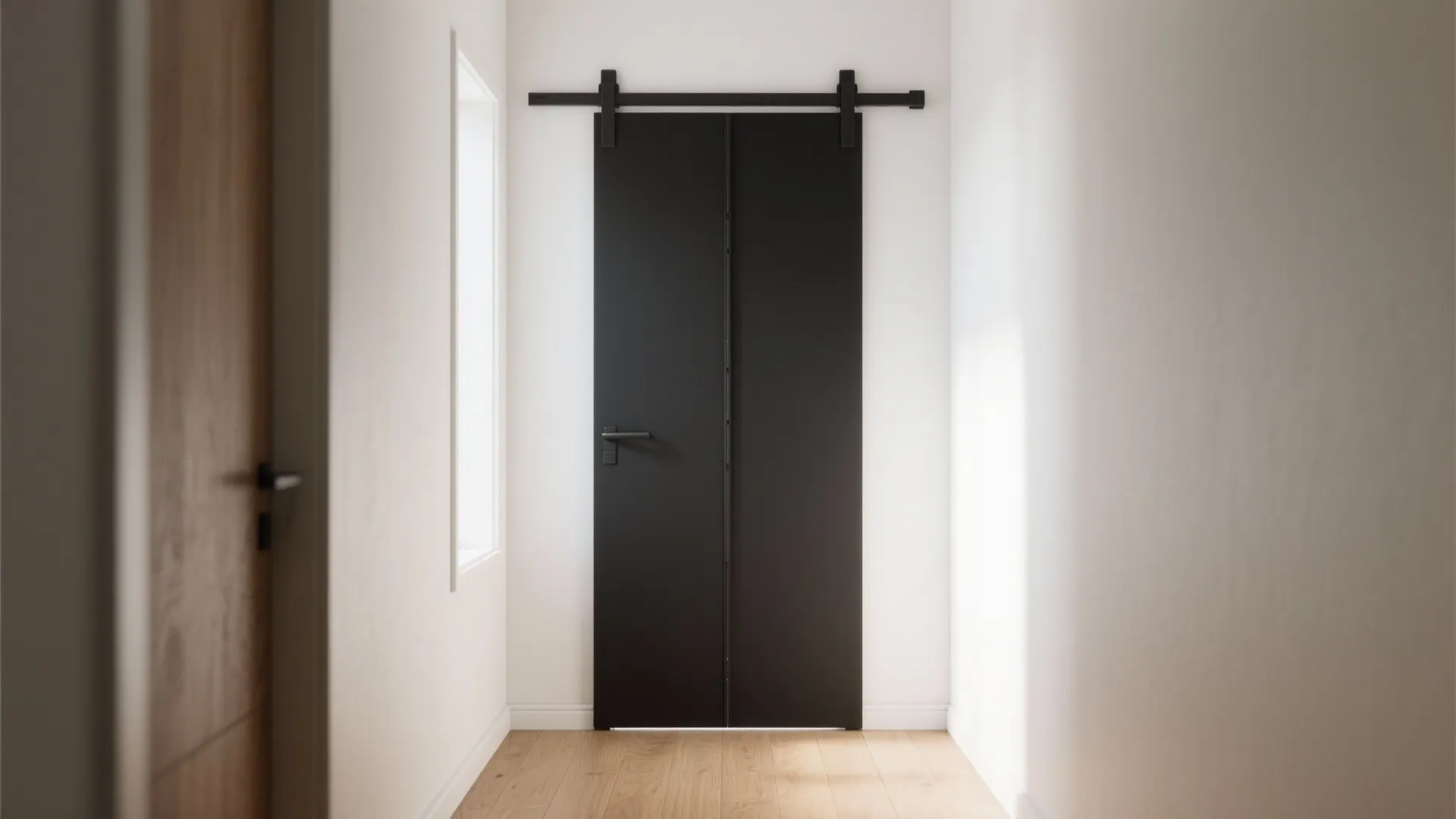 Minimalist hallway featuring a black sliding door on a metal track with light wood flooring