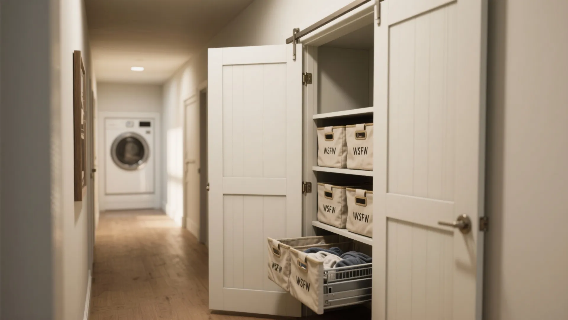 Open hallway cabinet with storage baskets and clothes drawer near laundry machine in bright hallway