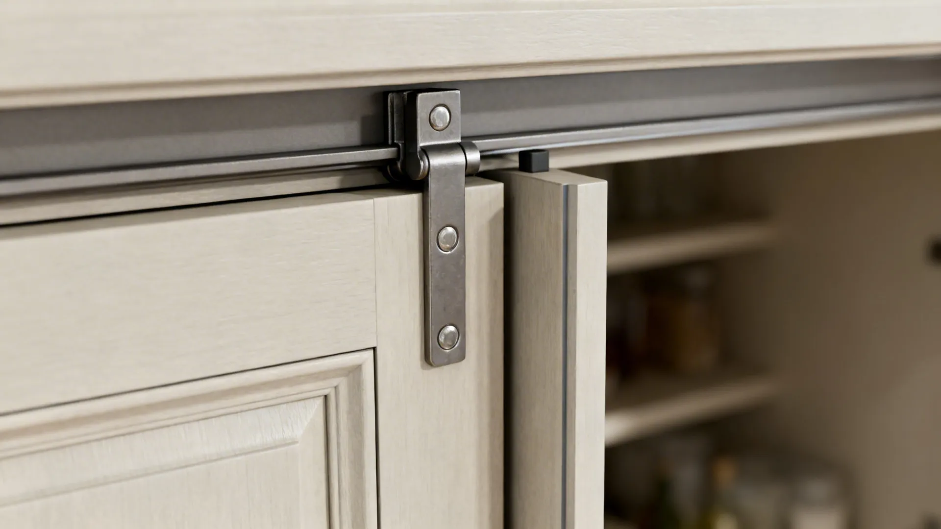 Macro of bifold door hinge and top track with magnetic catch on a slim pantry panel.