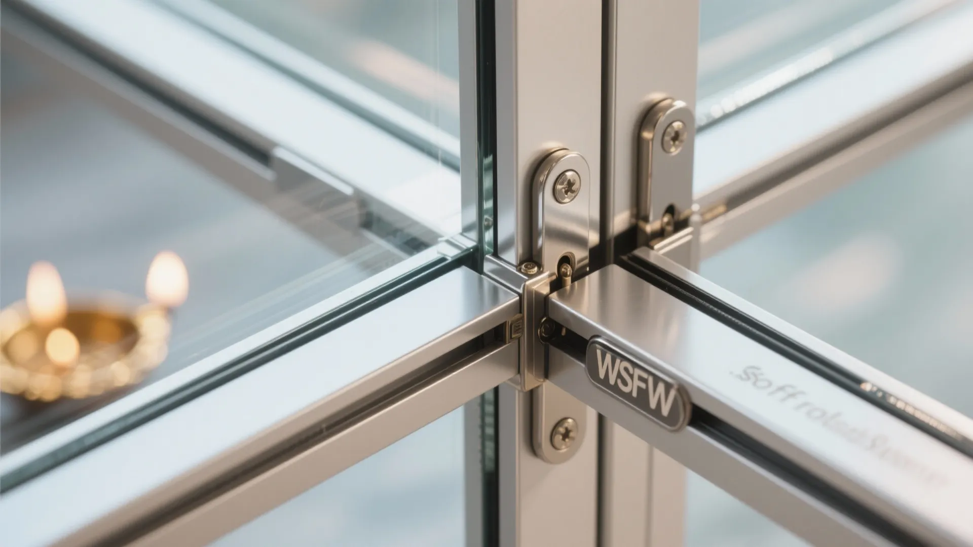 Metal frame hinges on folding glass door showing silver finish and small screws in detail