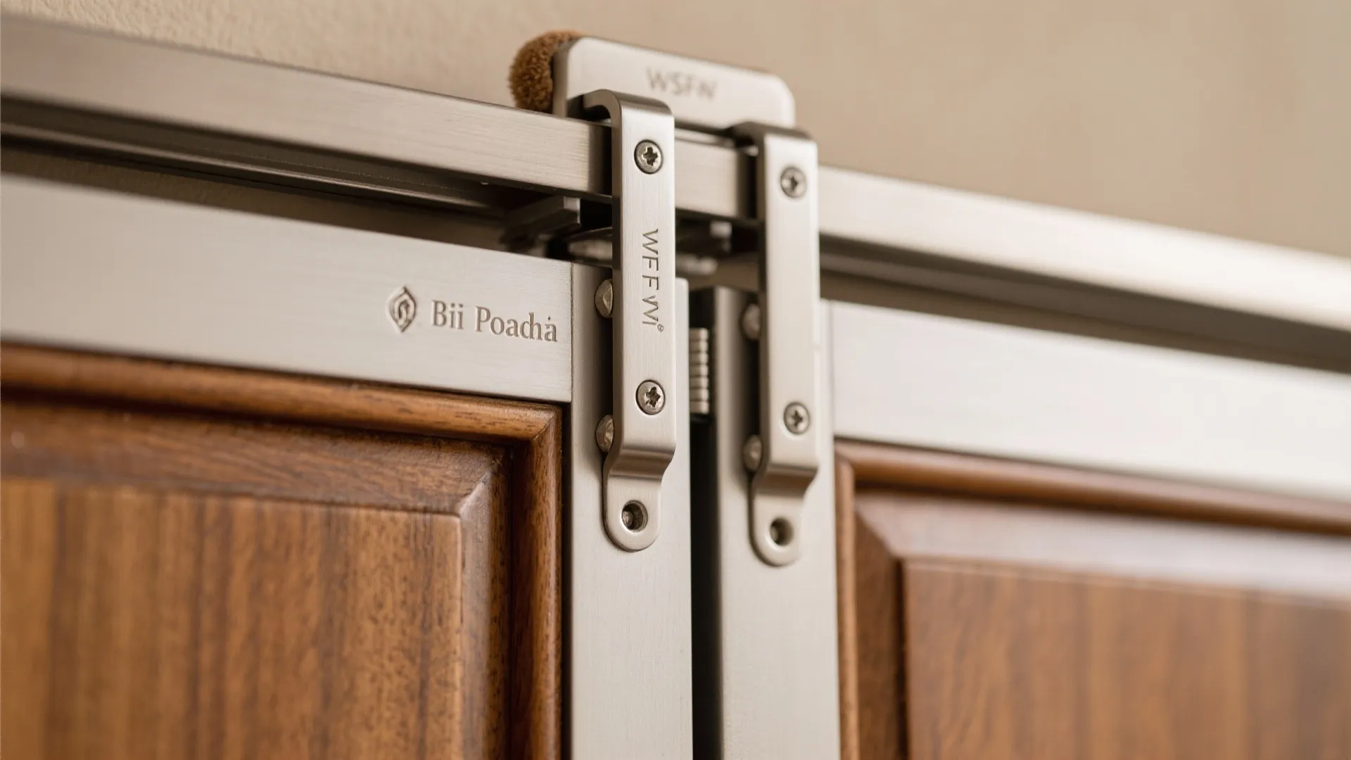 Close up of metal sliding door hardware installed on top of dark wood cabinet doors