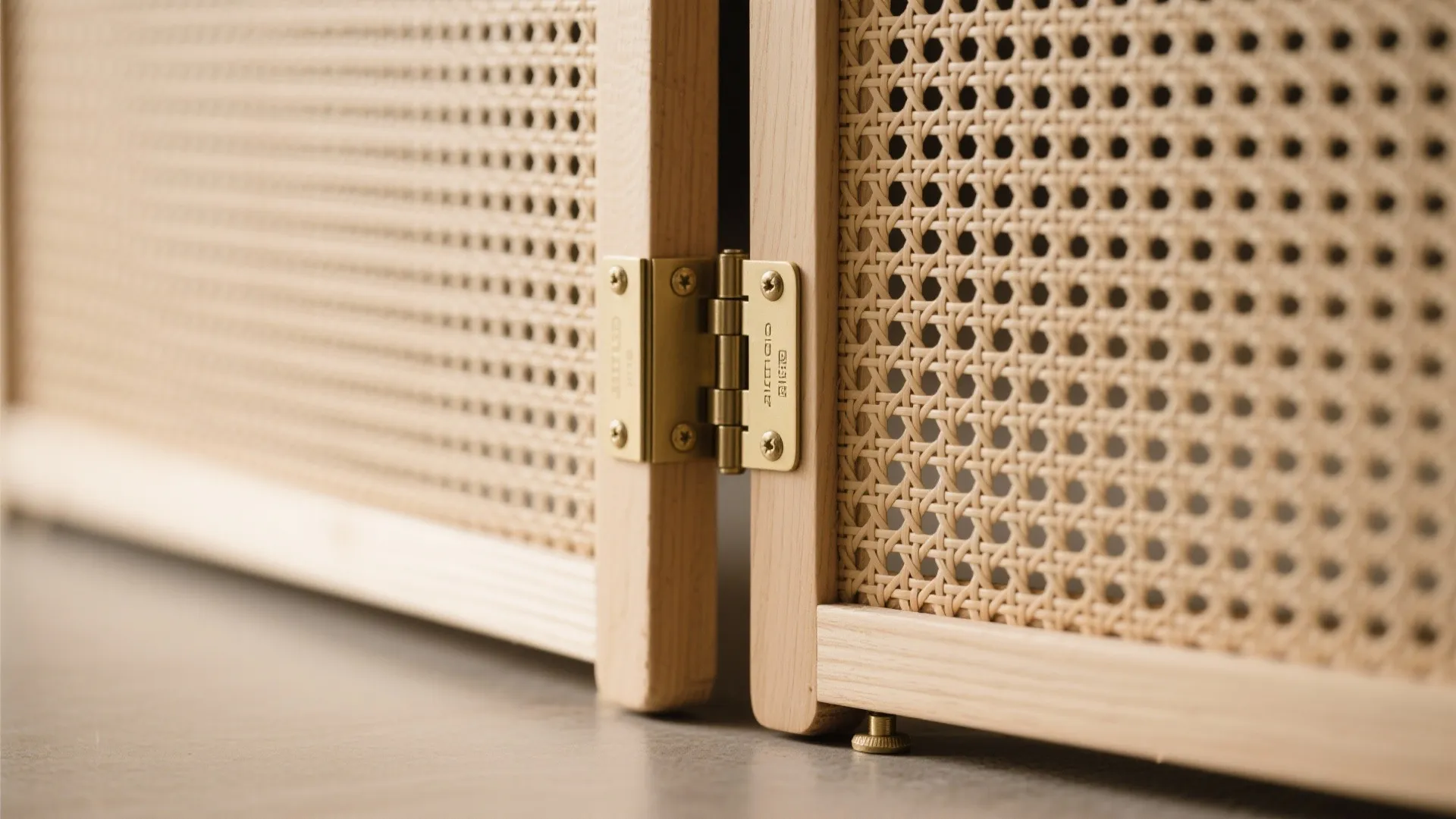 Close-up of bi-fold screen hinge with tight cane weave and light timber frame.