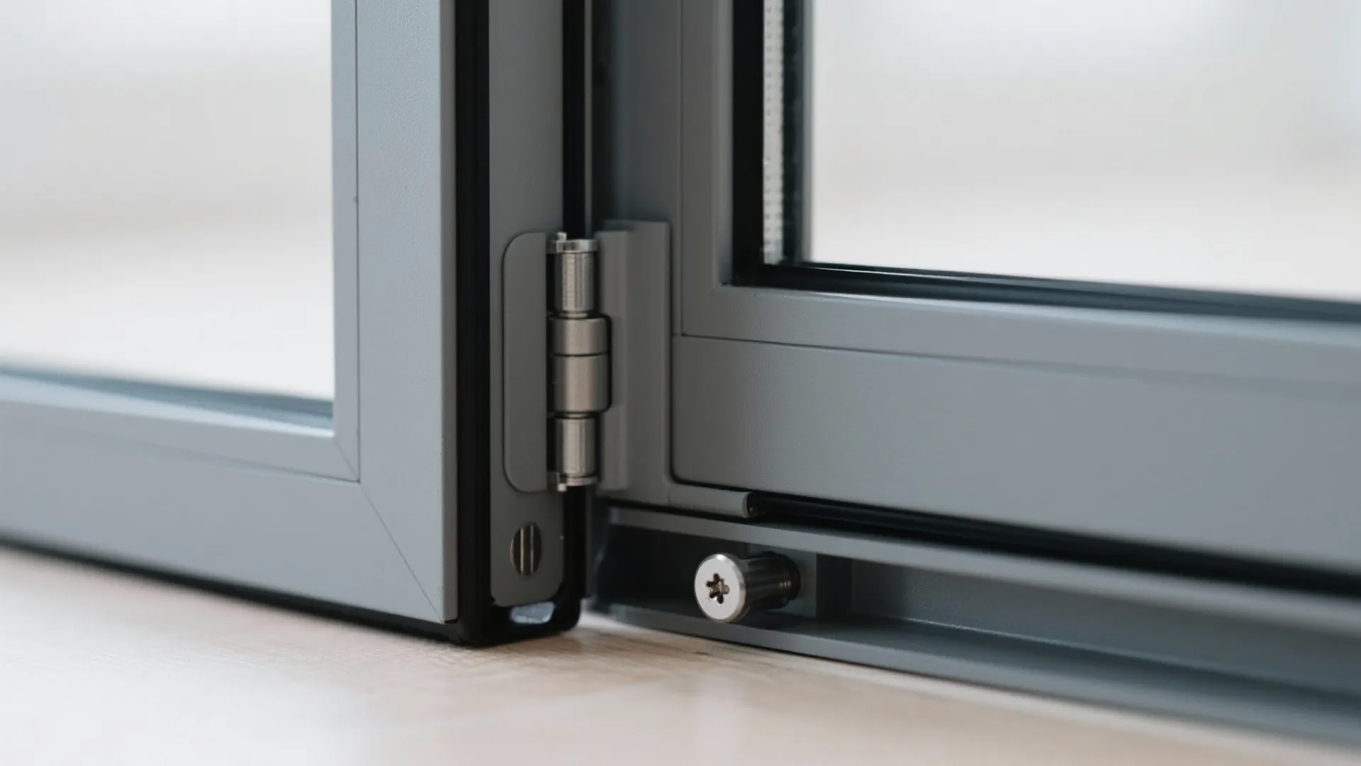 Close-up of a bi-fold hinge and aluminum frame with translucent acrylic panel.