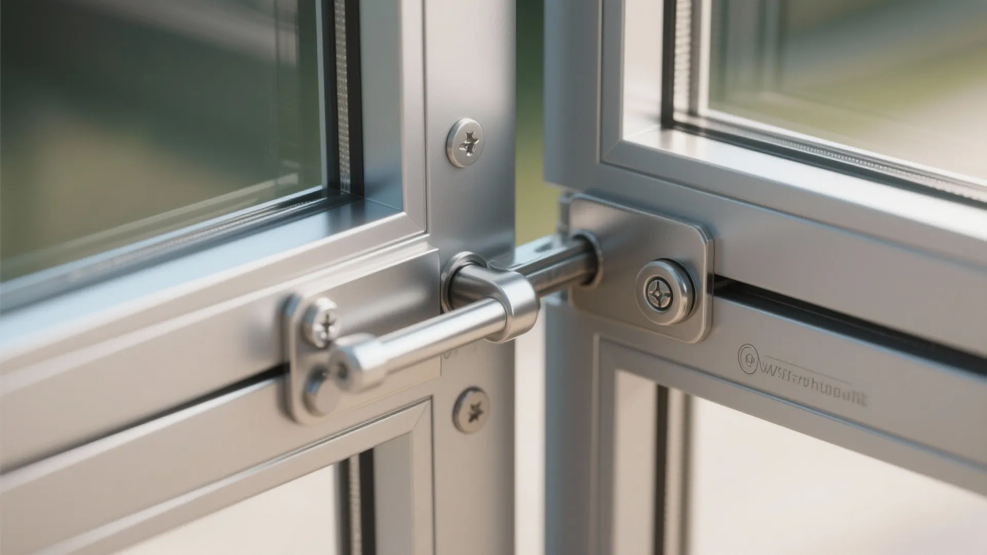 Silver metal hinge connecting two window frames with screws and clear glass panels in detail
