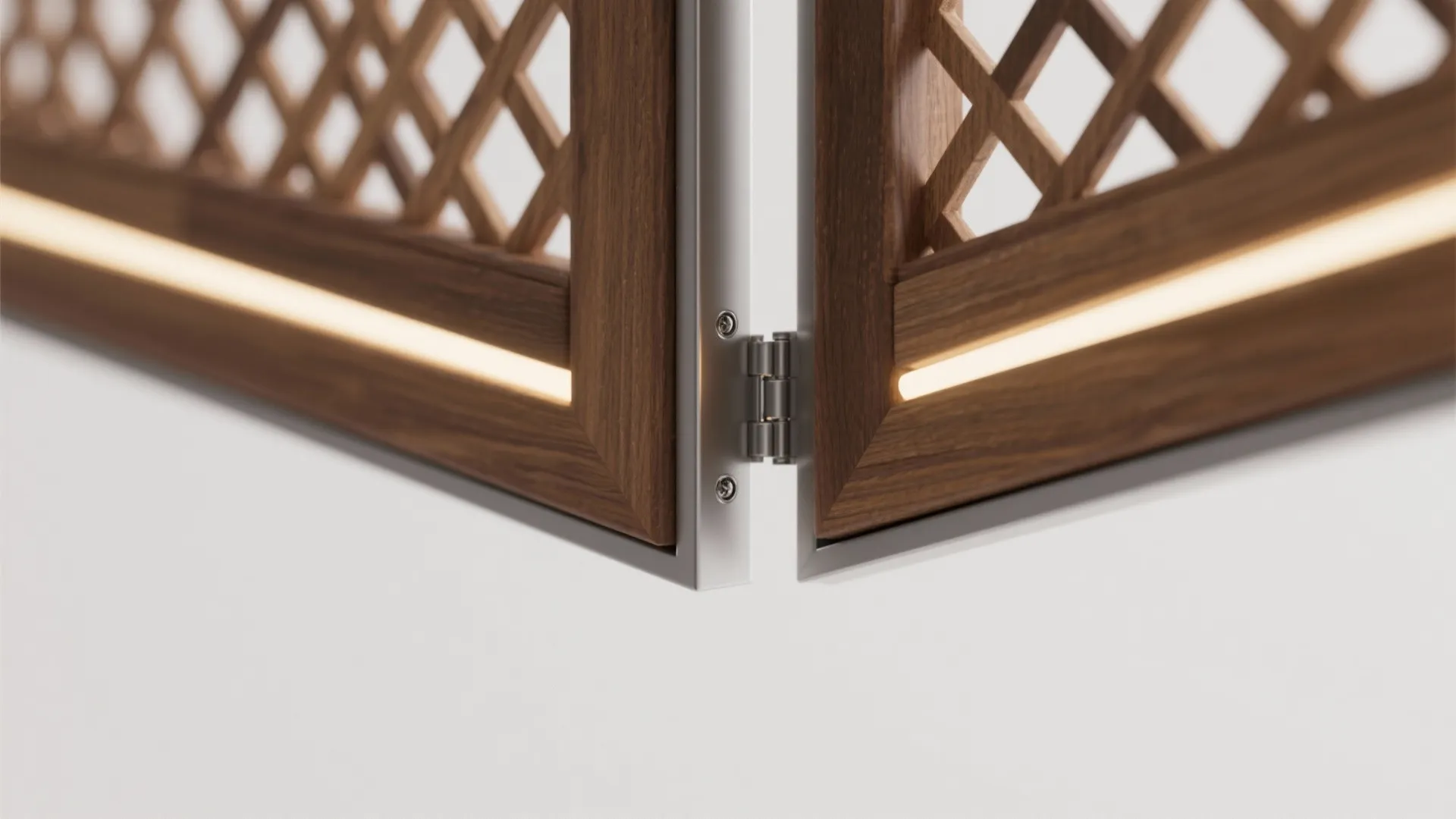 Macro of bi-fold hinge on slim aluminum frame with warm diffused LED edge and wood lattice.