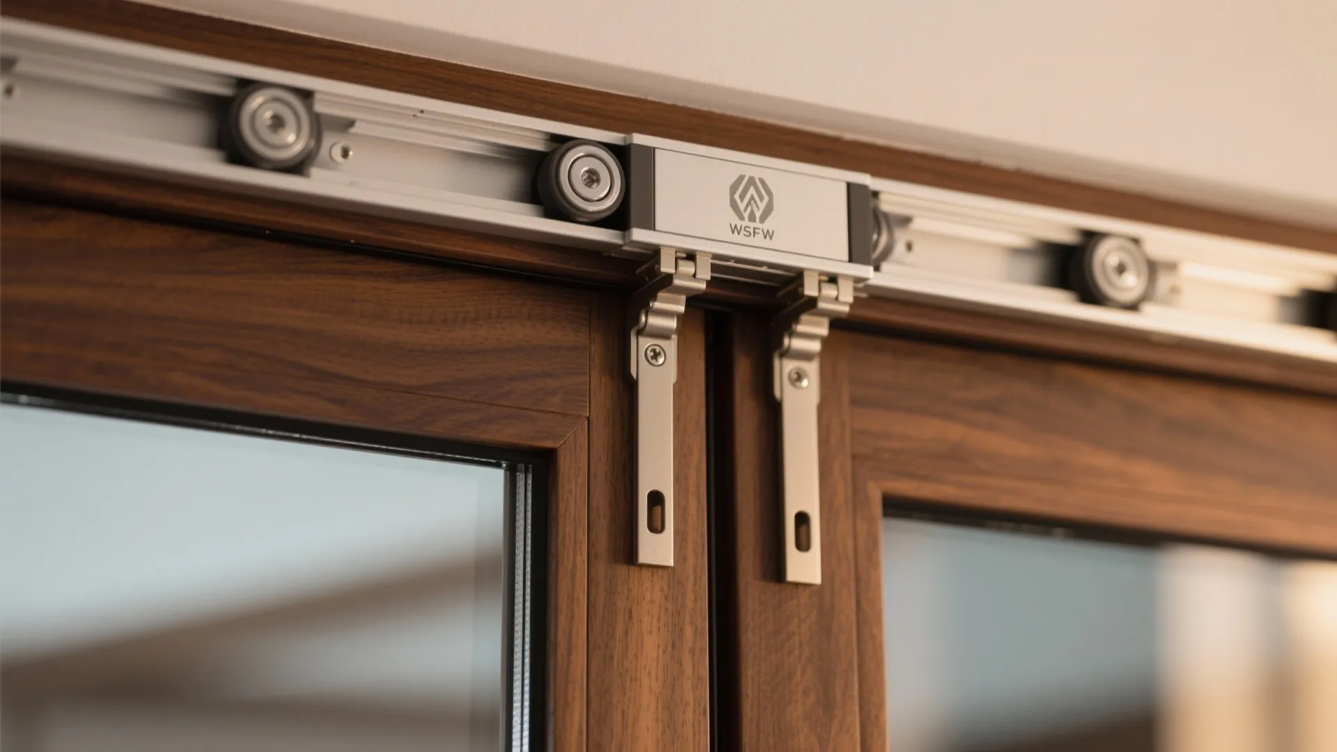 Close up of metal sliding track and rollers on top of dark wooden door frame