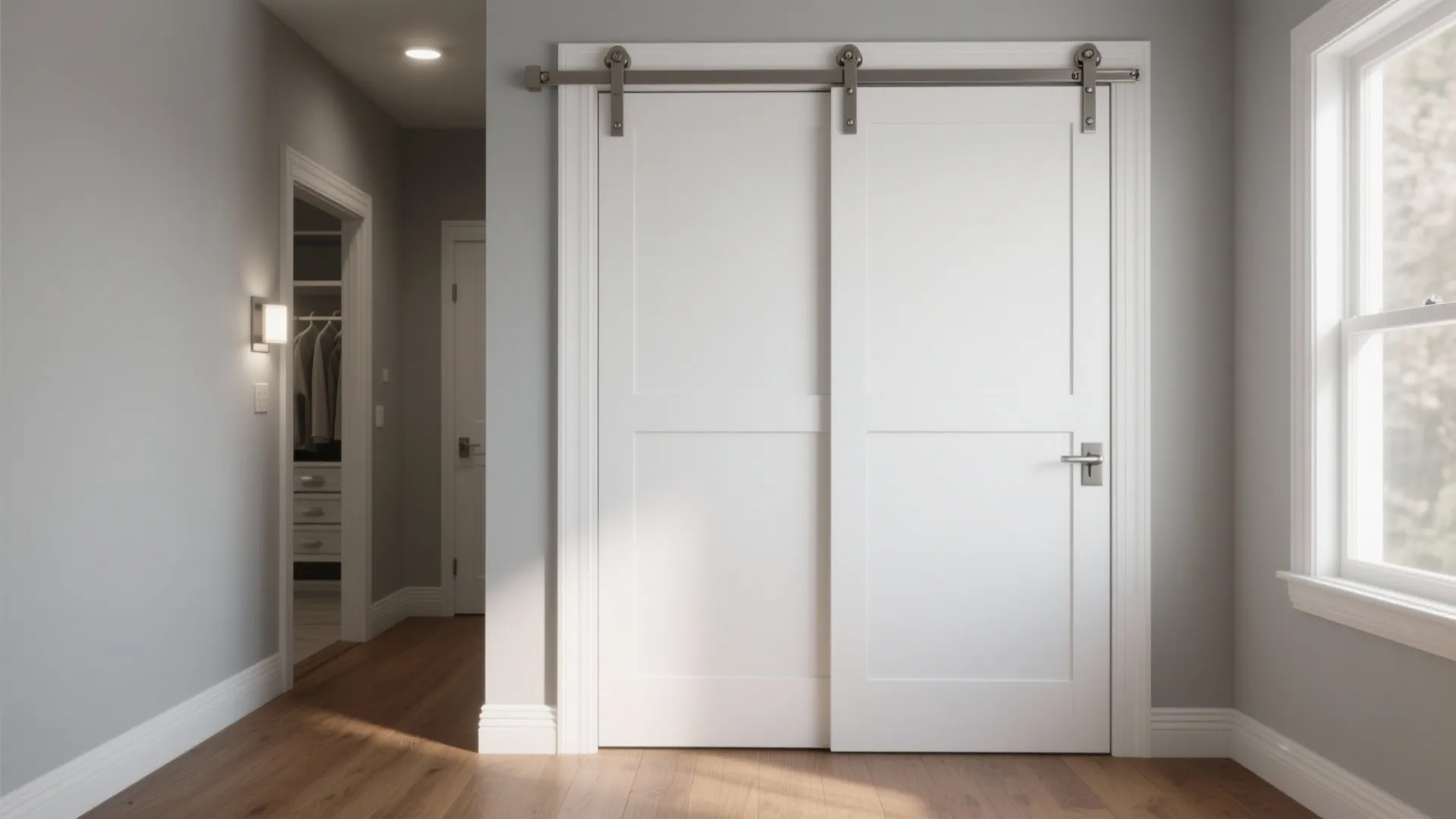 Modern white sliding barn doors on a metal track in a room with grey walls