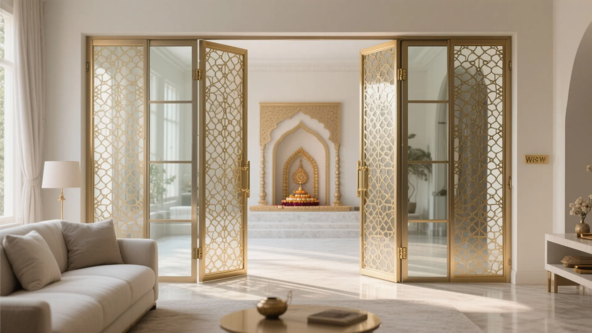 Bi-fold glass pooja doors with a delicate metal jaali overlay, opening wide for rituals and closing neatly for daily life.