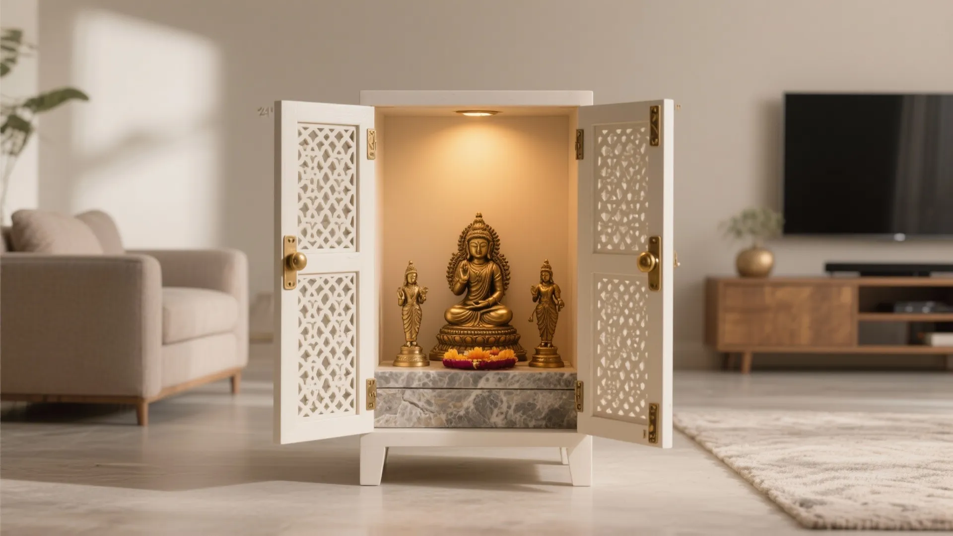 White cabinet shrine with open patterned doors and golden statues in a modern home living room