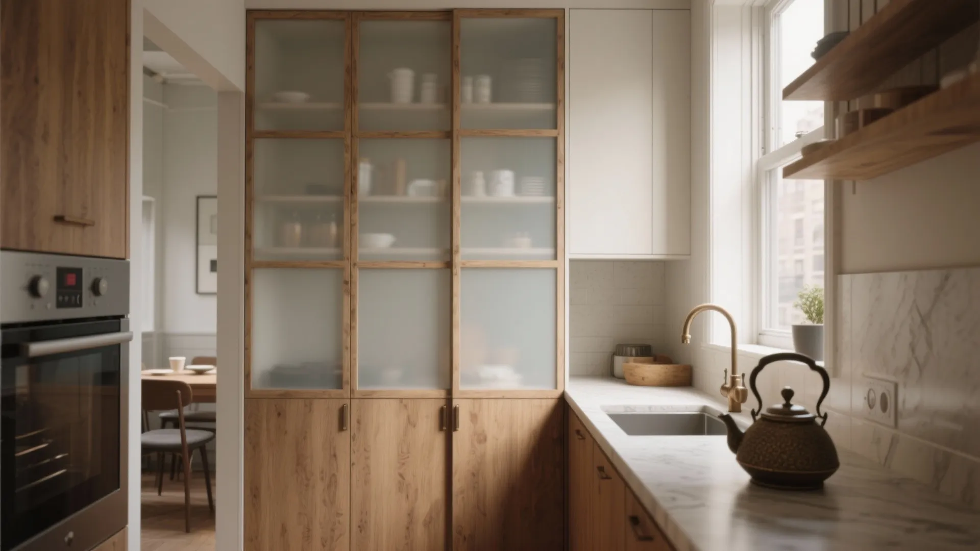 Modern kitchen featuring wooden tall cabinets with frosted glass doors, marble countertop, and gold water tap