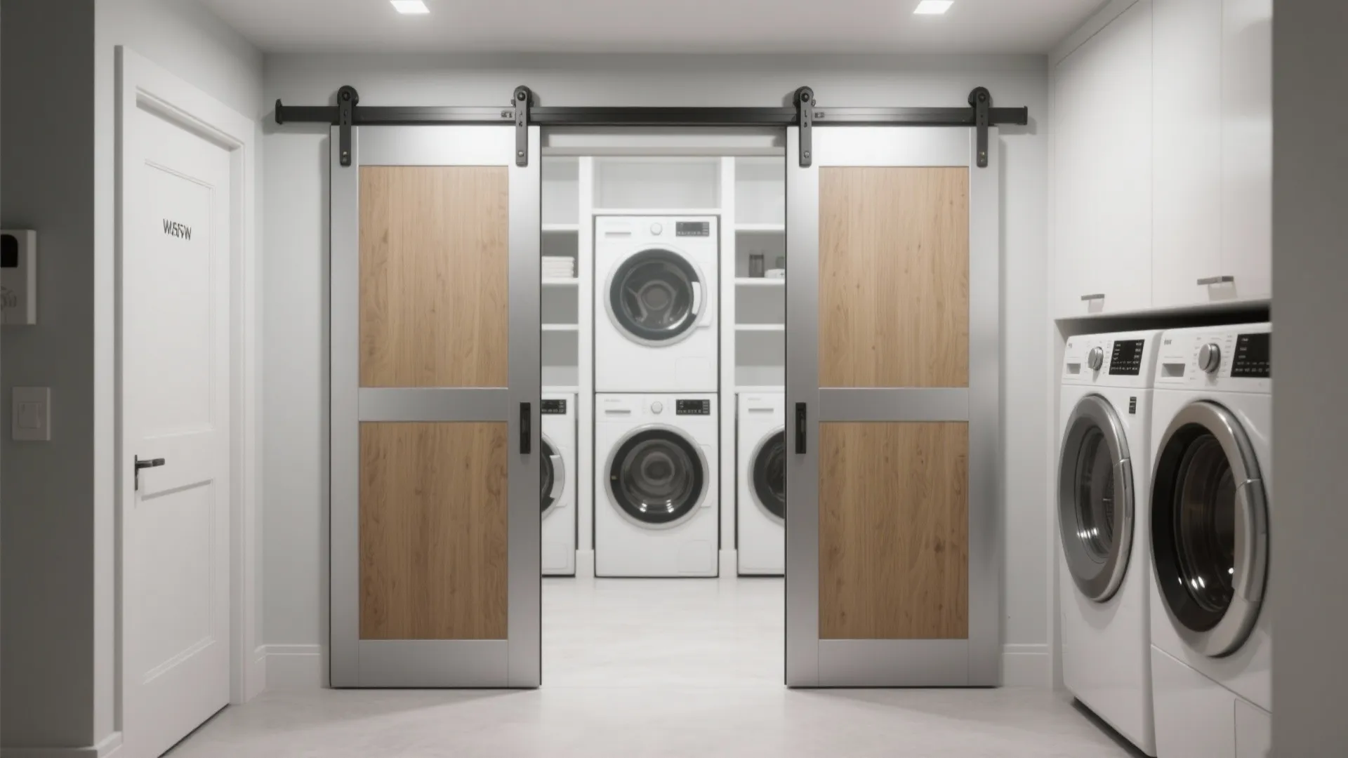 Modern laundry room featuring double wood sliding doors, white cabinets, and multiple stacked washing machines