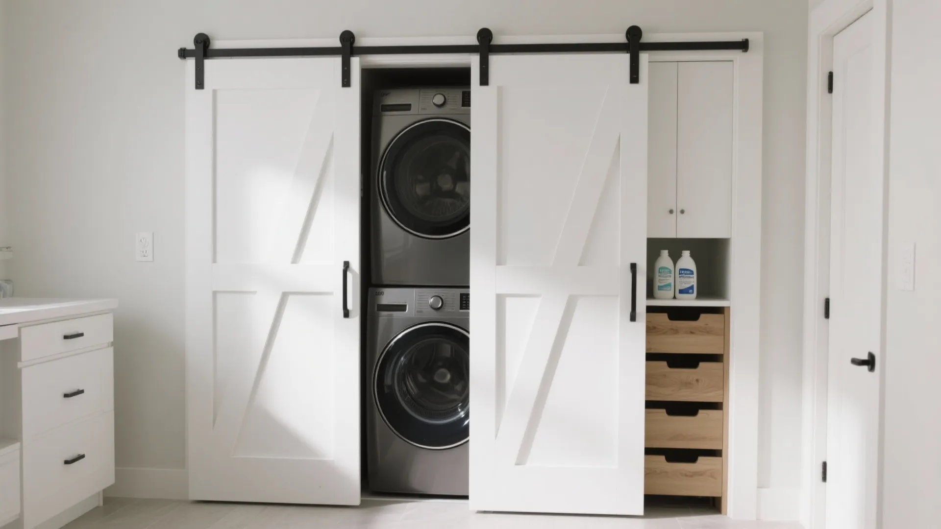 Laundry room closet with white sliding barn doors revealing stacked grey washing machine and wood drawers