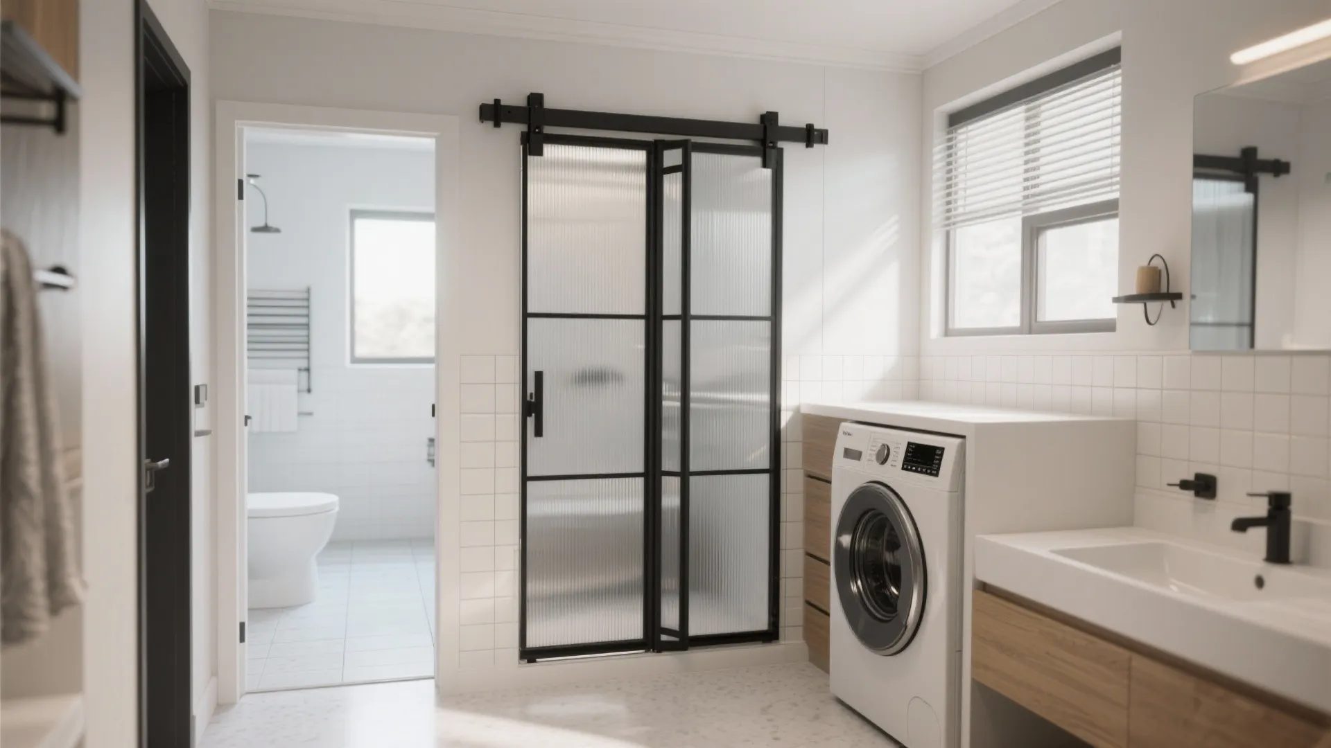 Laundry room featuring a black framed bifold glass door, white washing machine, sink, and mirror.
