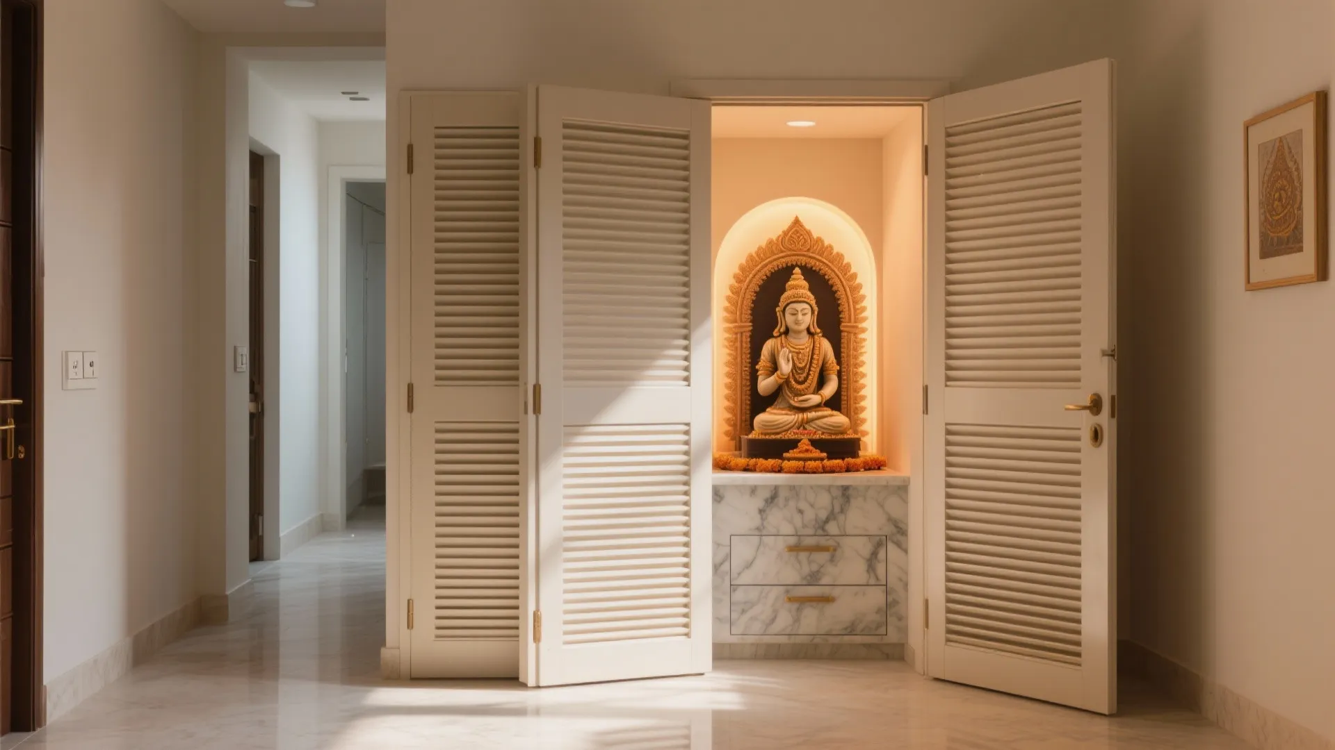 White folding doors open to reveal a small prayer room with a golden Buddha statue