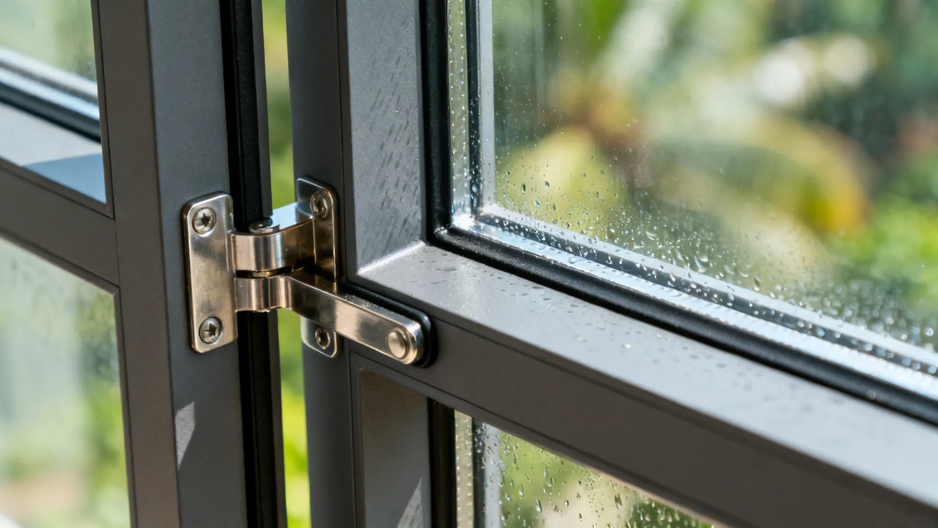 Macro of aluminum bi-fold frame with SS316 hinge and magnetic gasket.