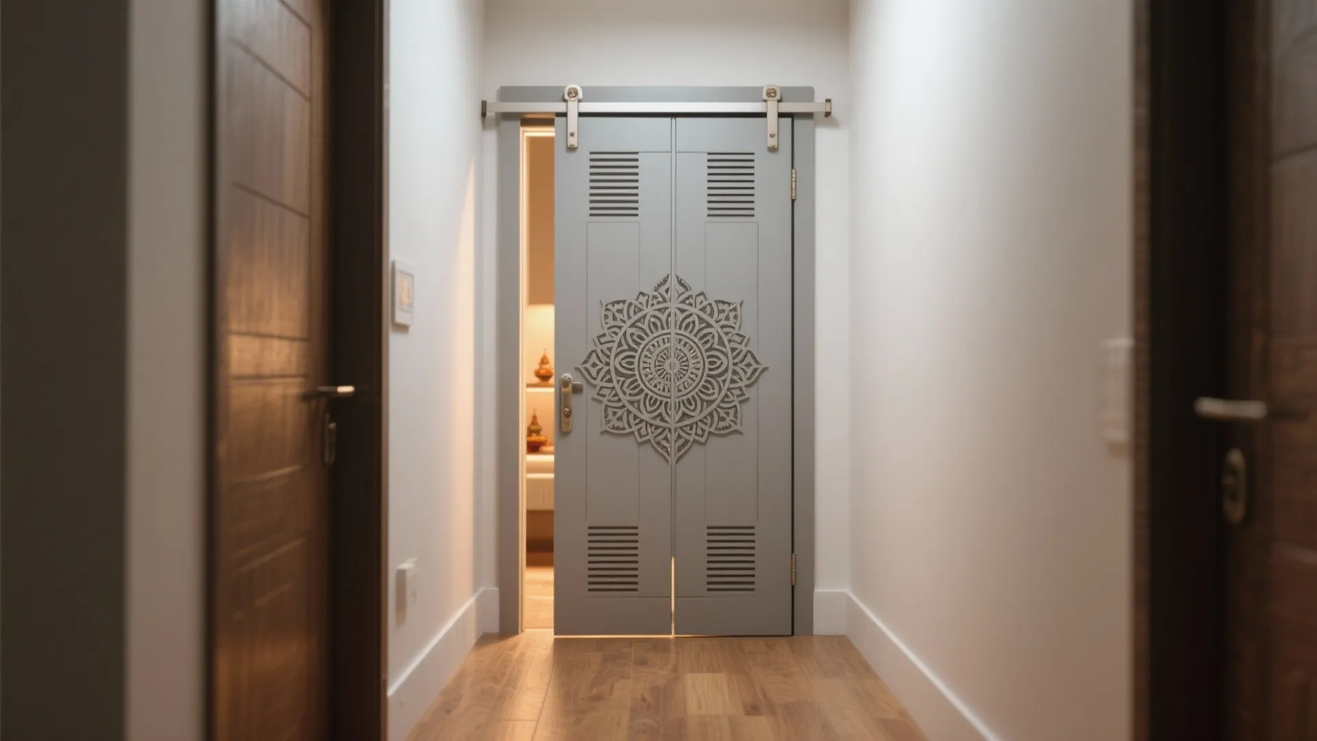 Grey sliding barn door with large flower pattern and metal track in a white hallway