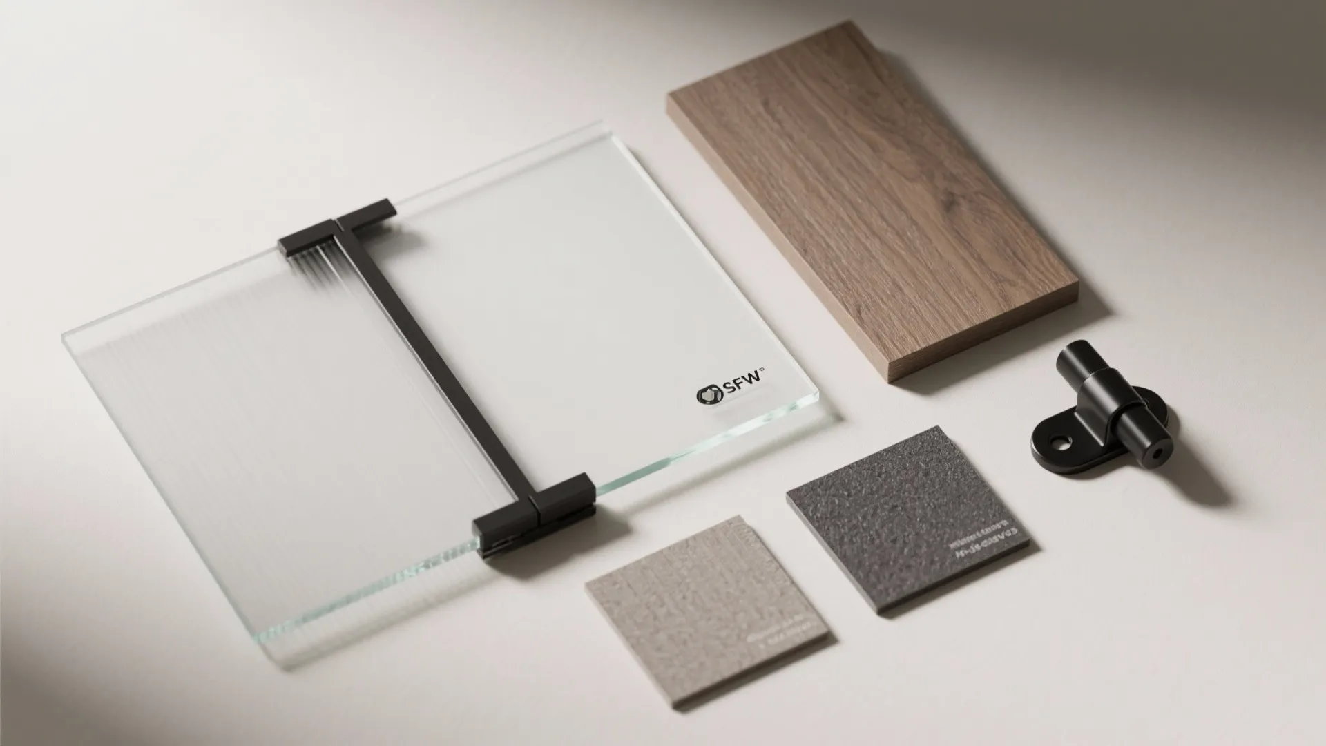 Interior design materials with glass panel, wood board, metal hinge, and stone tiles on table