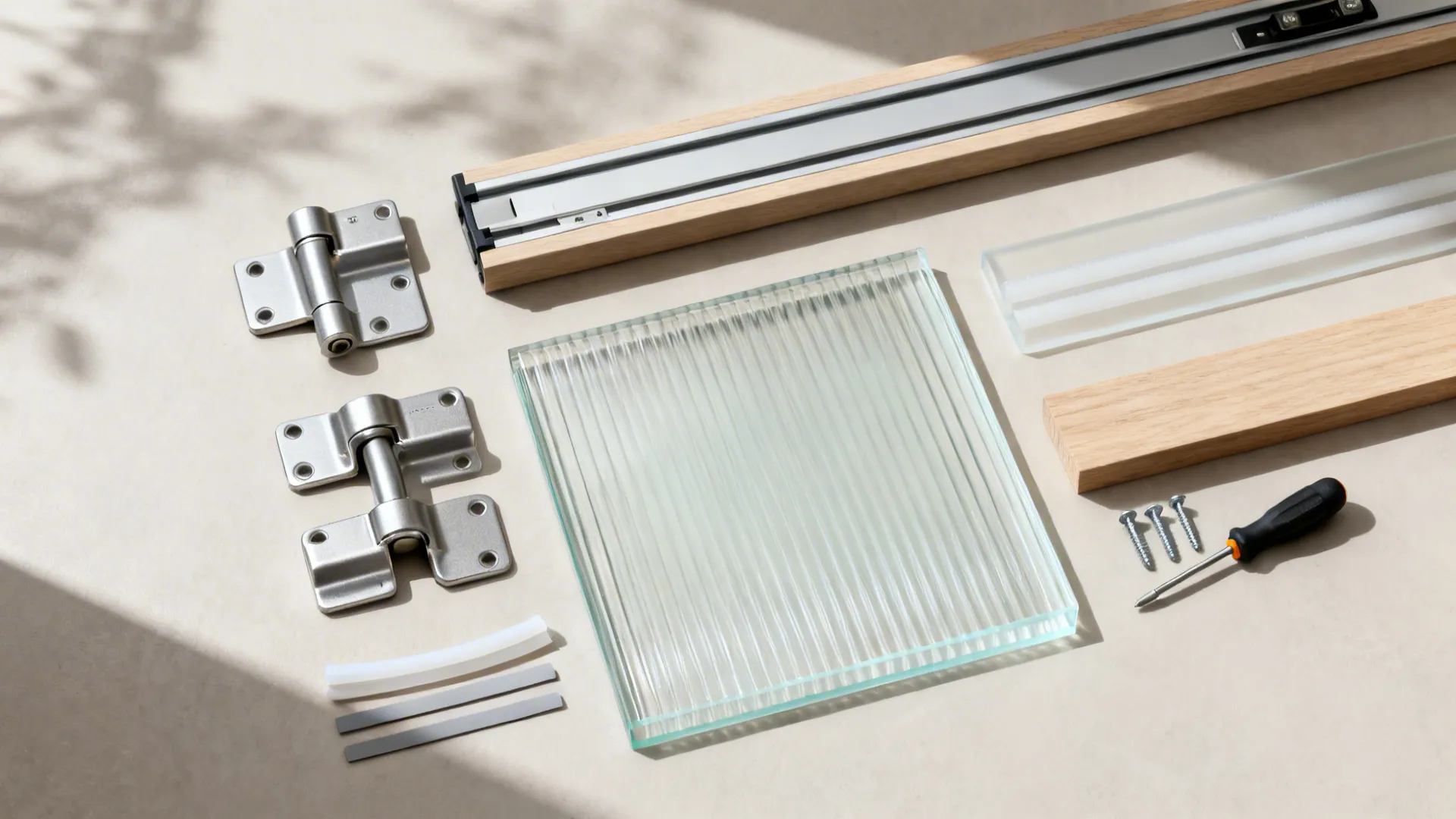 Flat lay of aluminium bi-fold hardware, reeded glass, acrylic, and soft seals with alignment tools.
