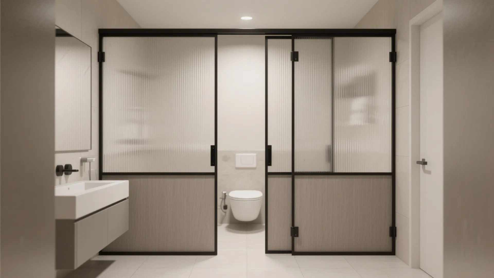 Bathroom interior with frosted glass sliding doors separating the sink area from the toilet space
