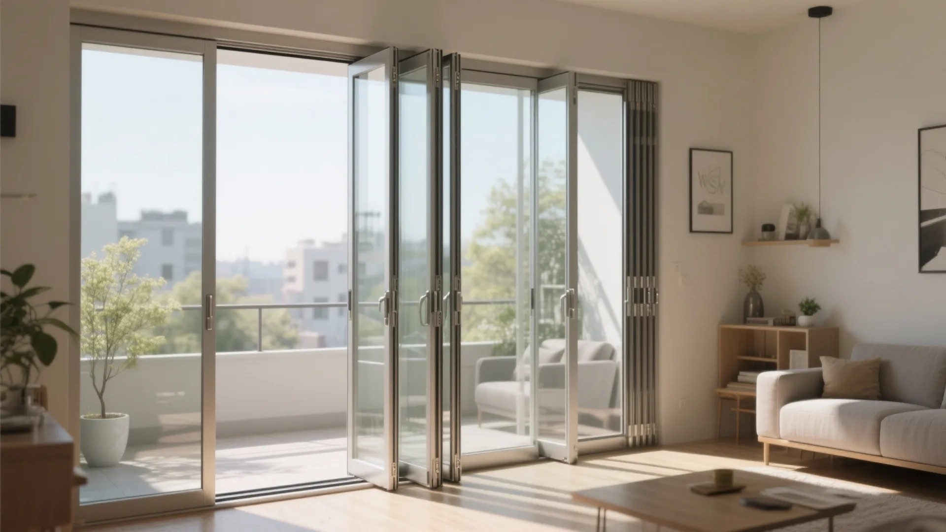 Living room featuring large folding glass doors opening onto a sunny balcony with green plants