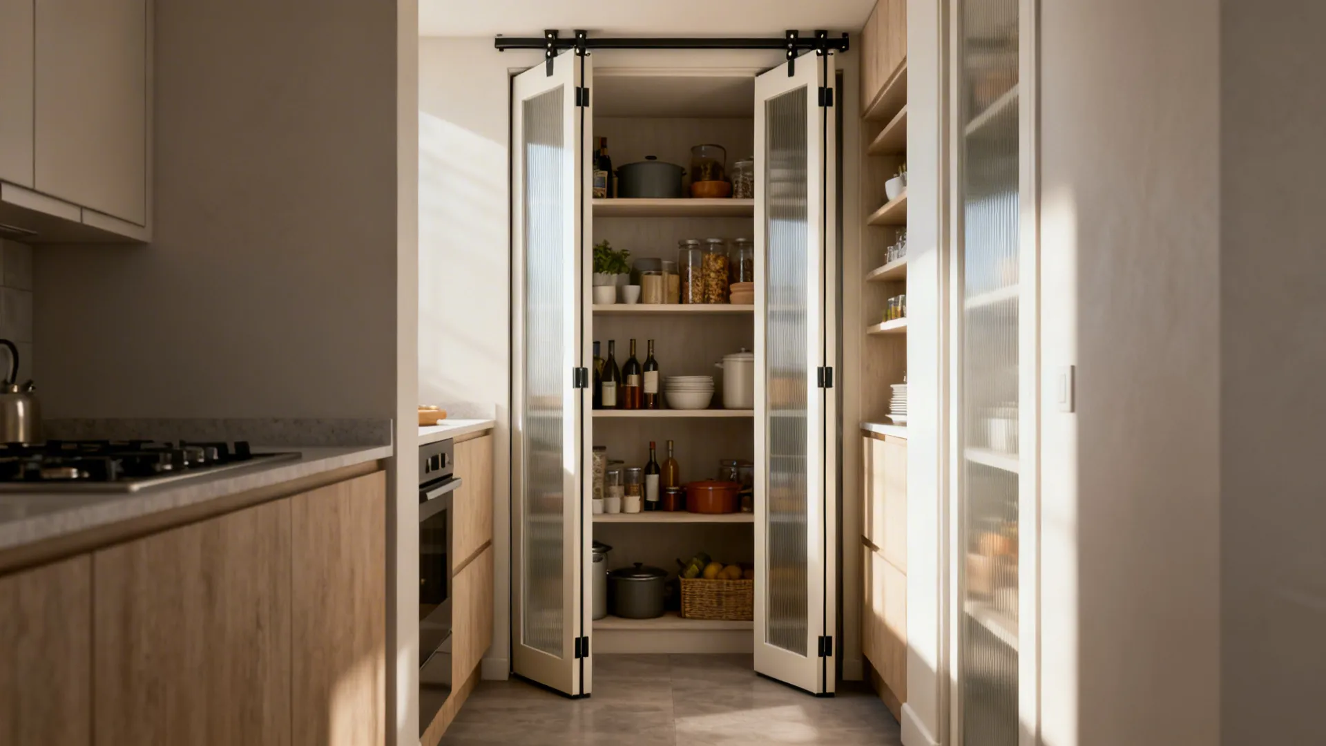 Slim-panel bifold pantry doors open fully without blocking a narrow kitchen walkway.