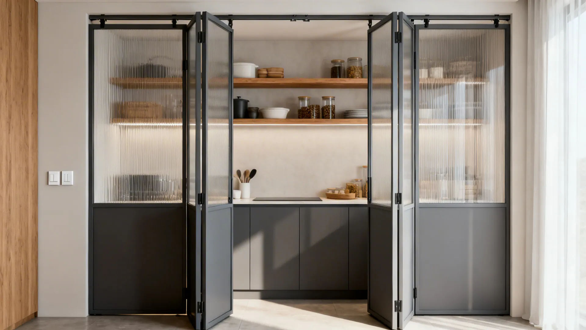 Bi-fold aluminium pantry doors with top-hung tracks and reeded glass upper panels in a compact kitchen.