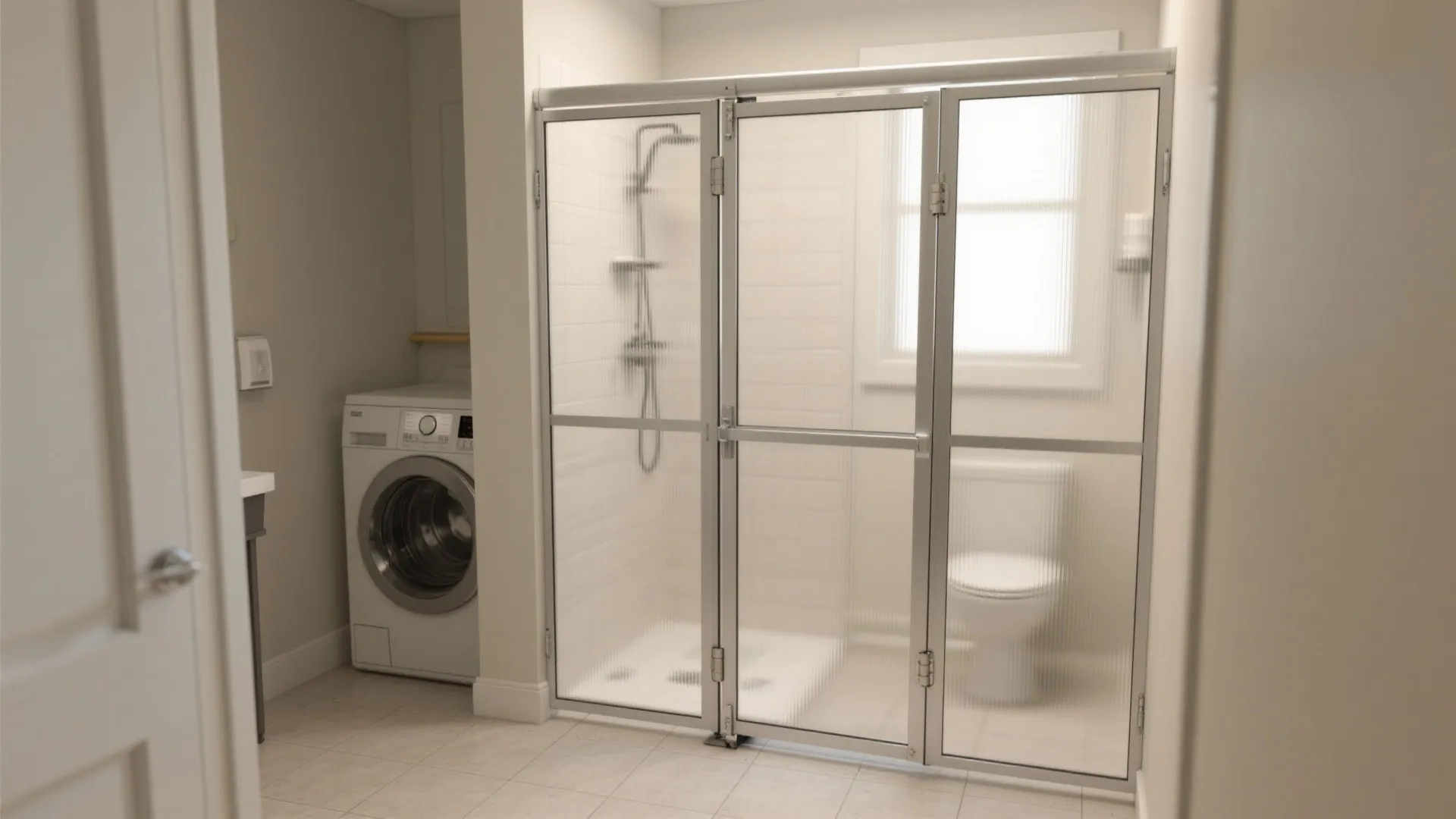 Compact bathroom with a foldable bi-fold partition separating laundry and shower.
