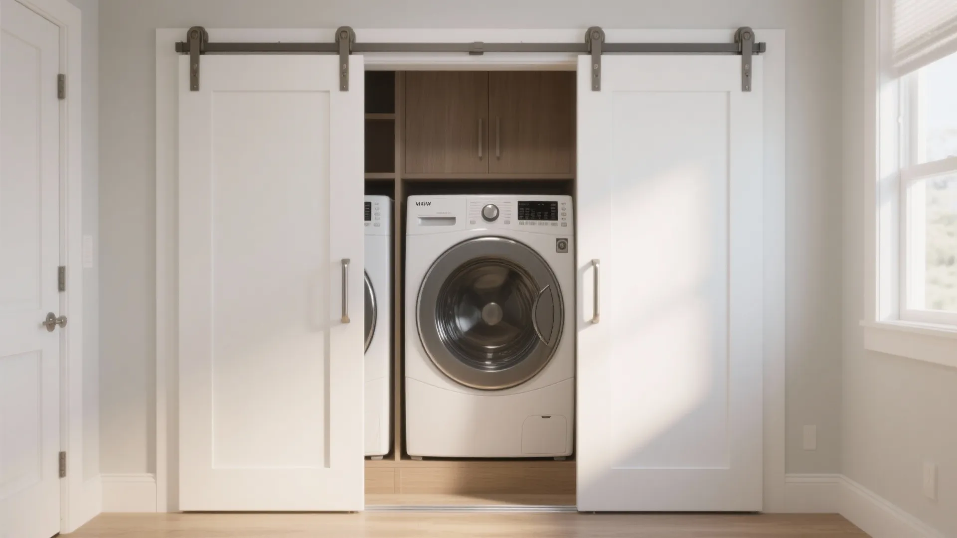 Modern laundry room featuring a white washing machine hidden behind white sliding barn door panels