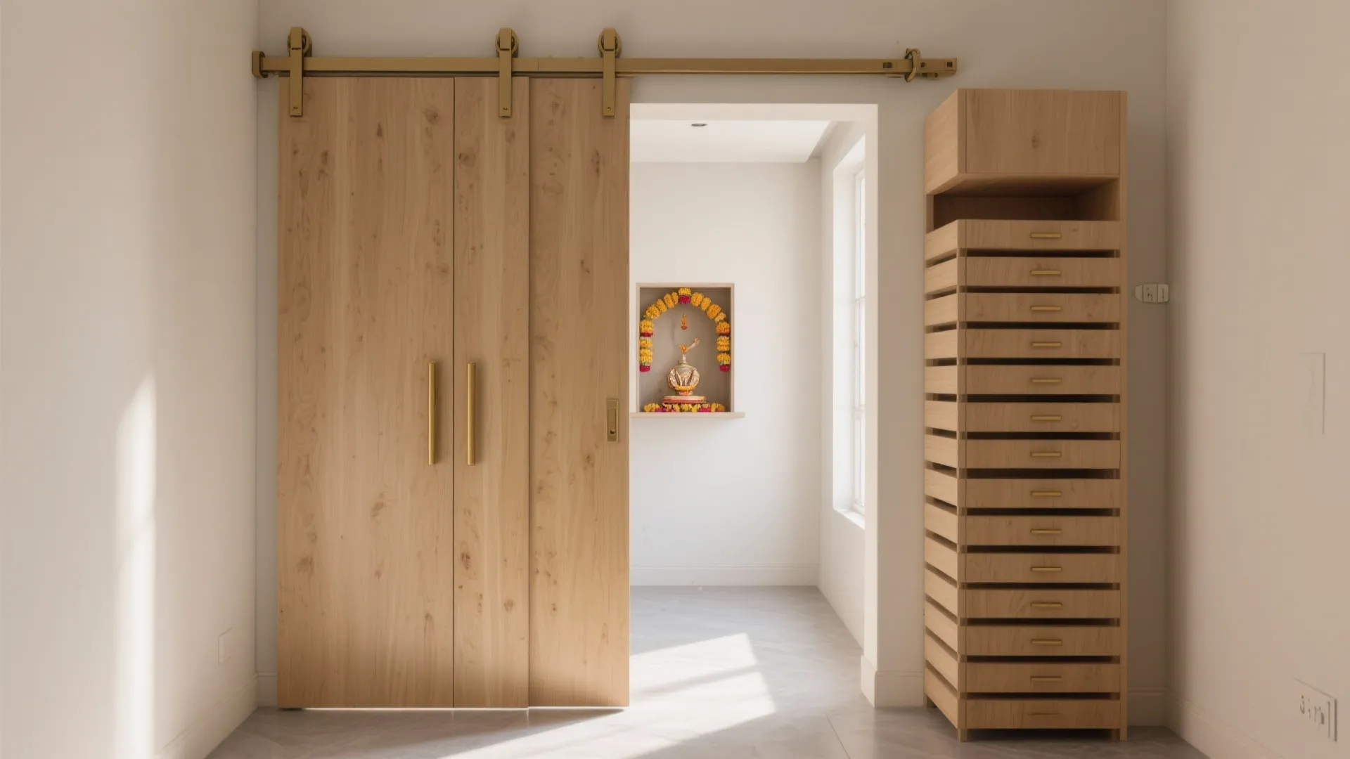 Light wood sliding barn doors with gold hardware and a tall matching cabinet beside them