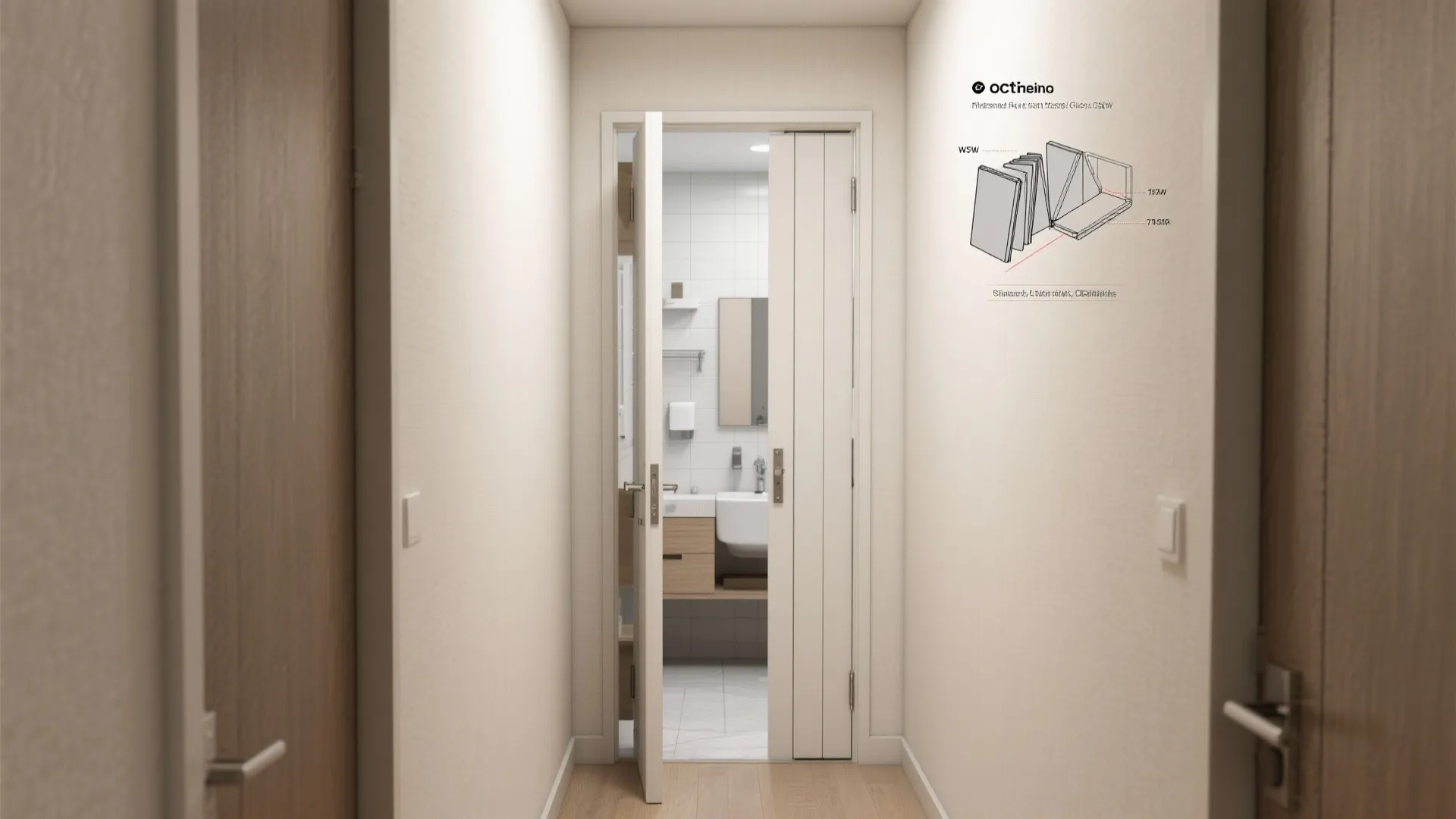 Narrow hallway with white walls leading to a bathroom through an open white folding door