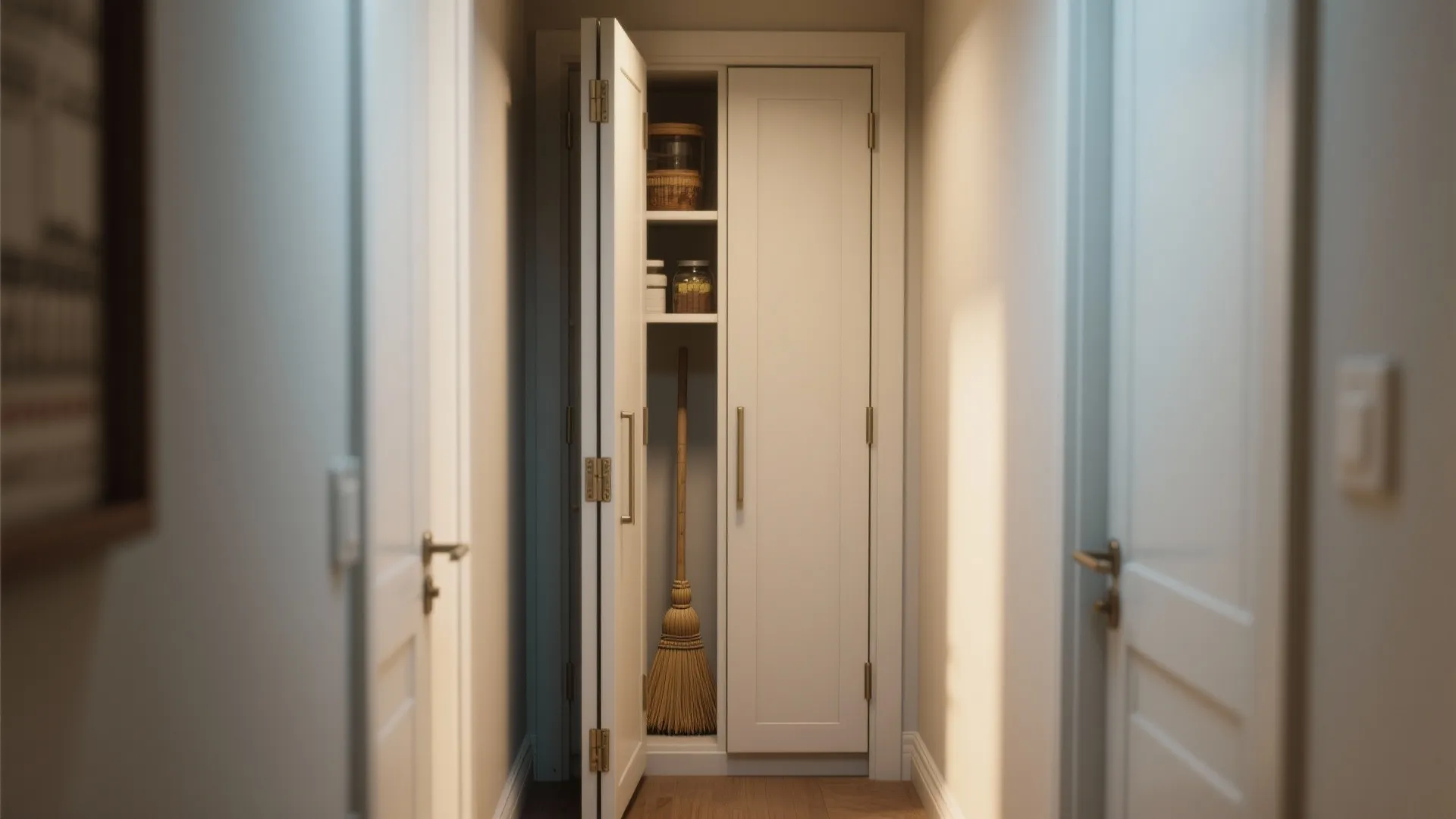 White hallway storage cabinet with open doors showing broom storage and shelves in small indoor area