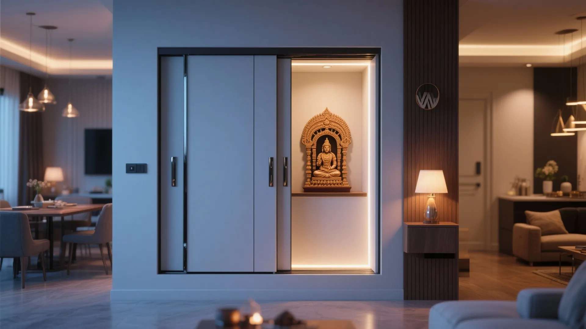 Modern white sliding doors opening to reveal a small lit prayer space with gold statue